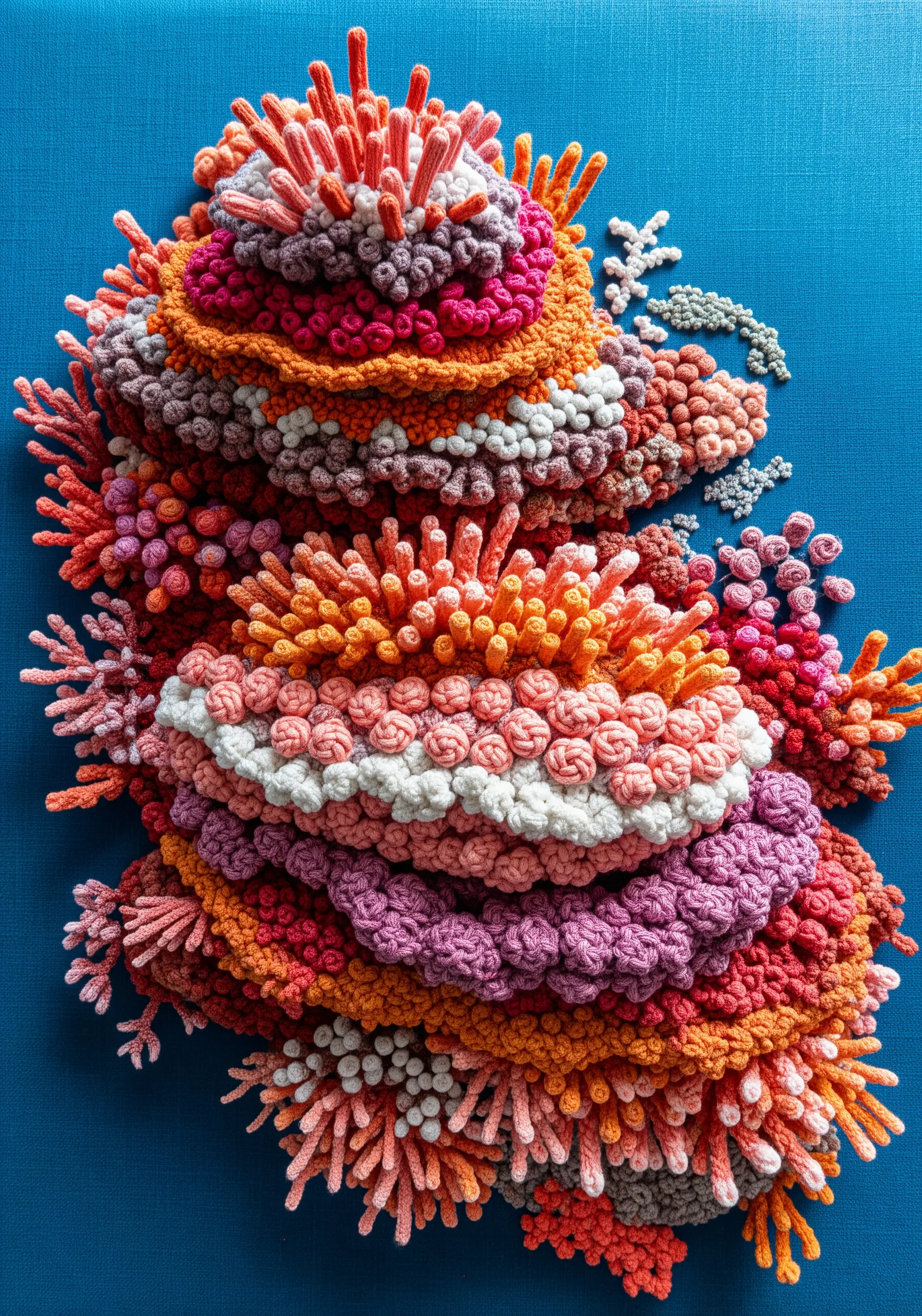 A 3D coral reef-like structure made of pink, orange, and purple knots and stitches.