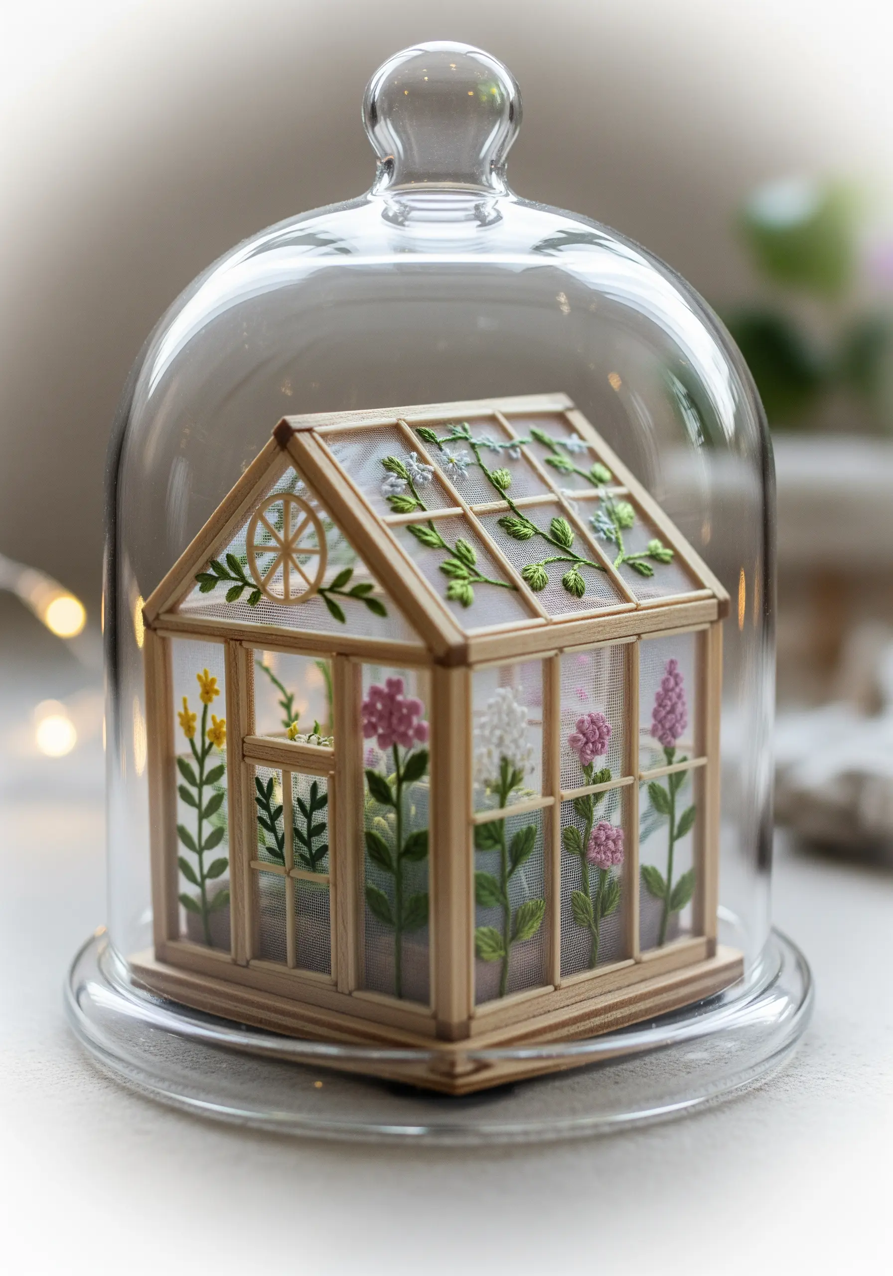 A miniature greenhouse constructed from wood and embroidered organza panels.