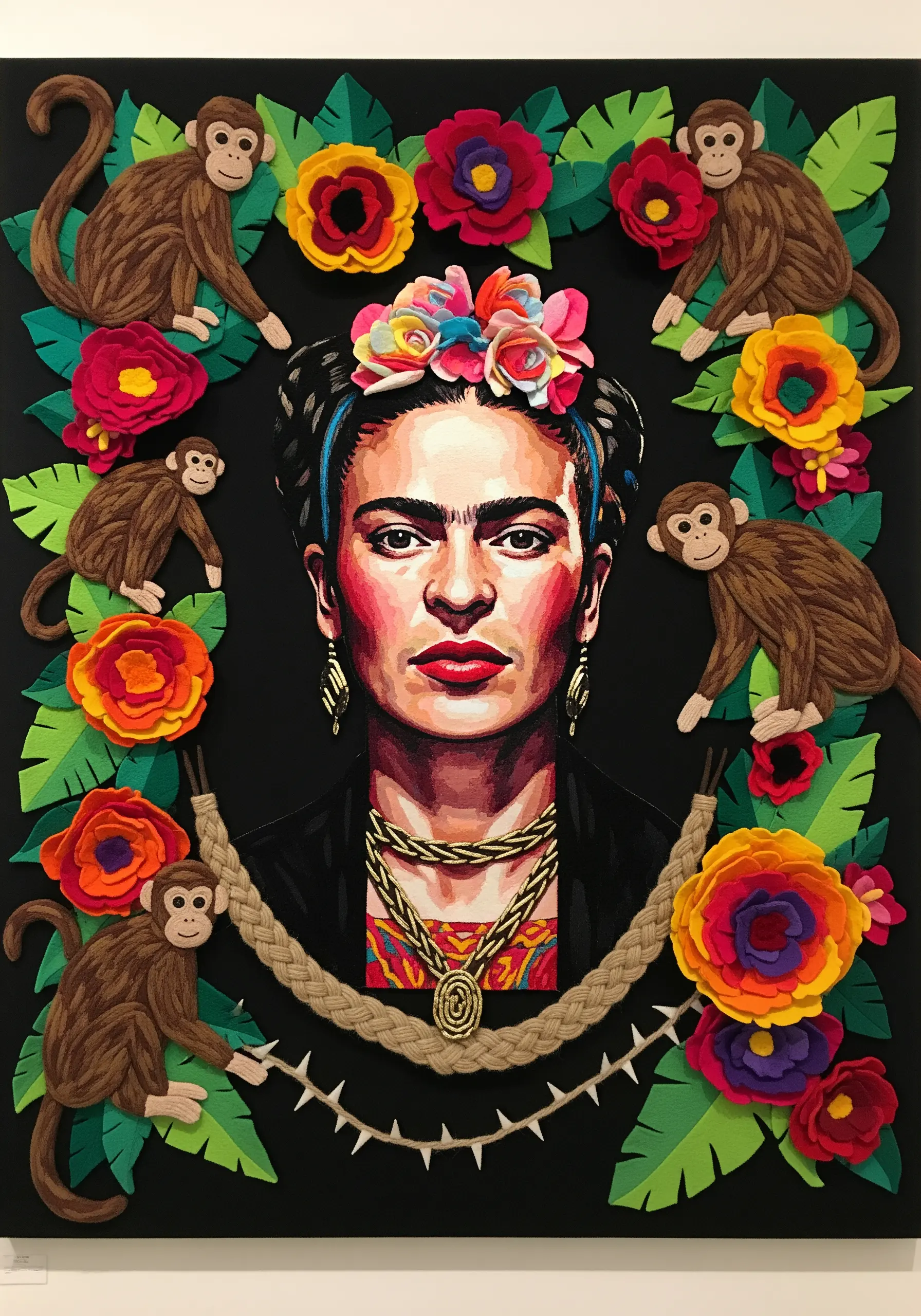 A mixed-media portrait of Frida Kahlo surrounded by layered felt flowers, leaves, and monkeys.