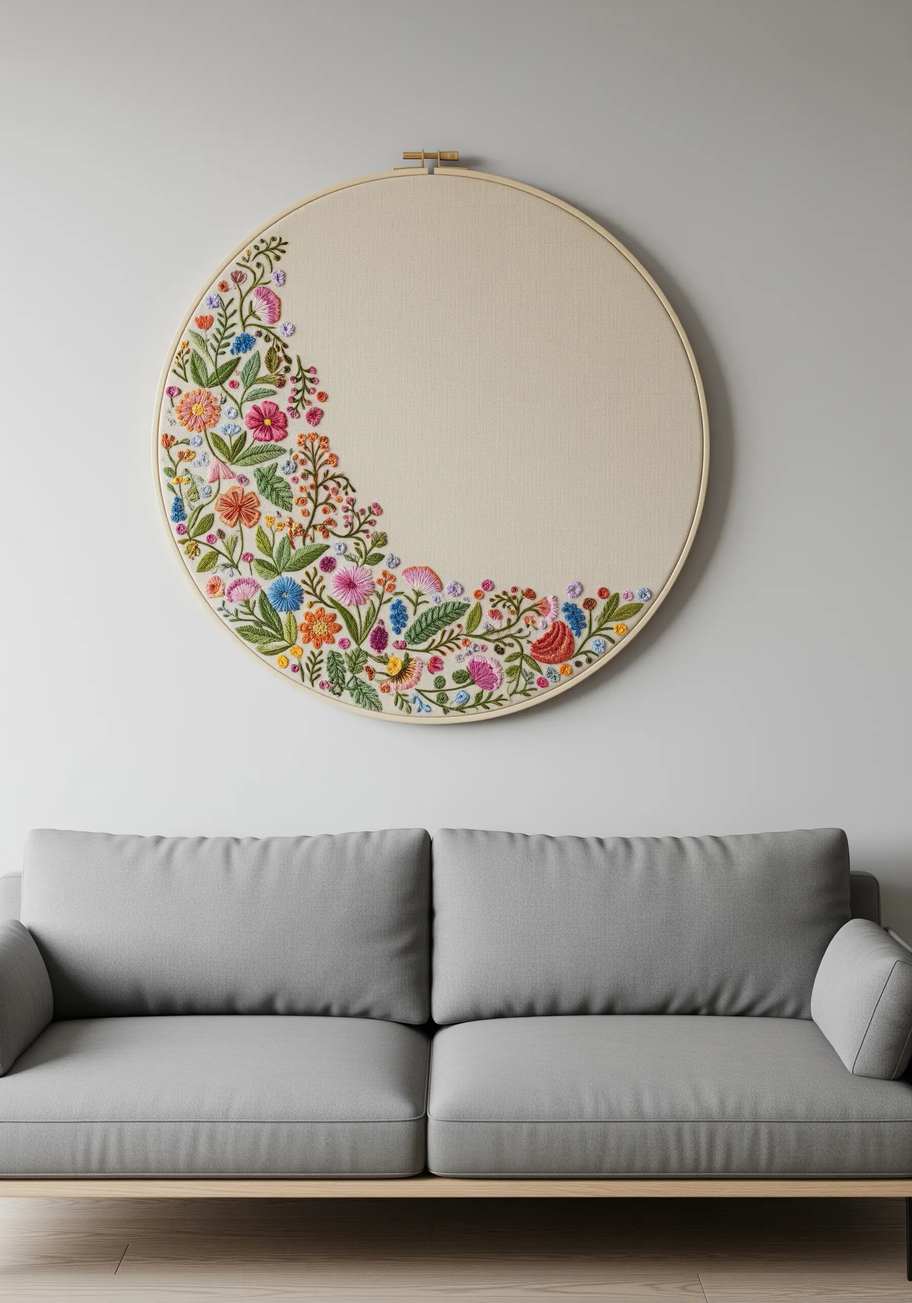 A large embroidery hoop with a crescent of dense, colorful floral stitches.