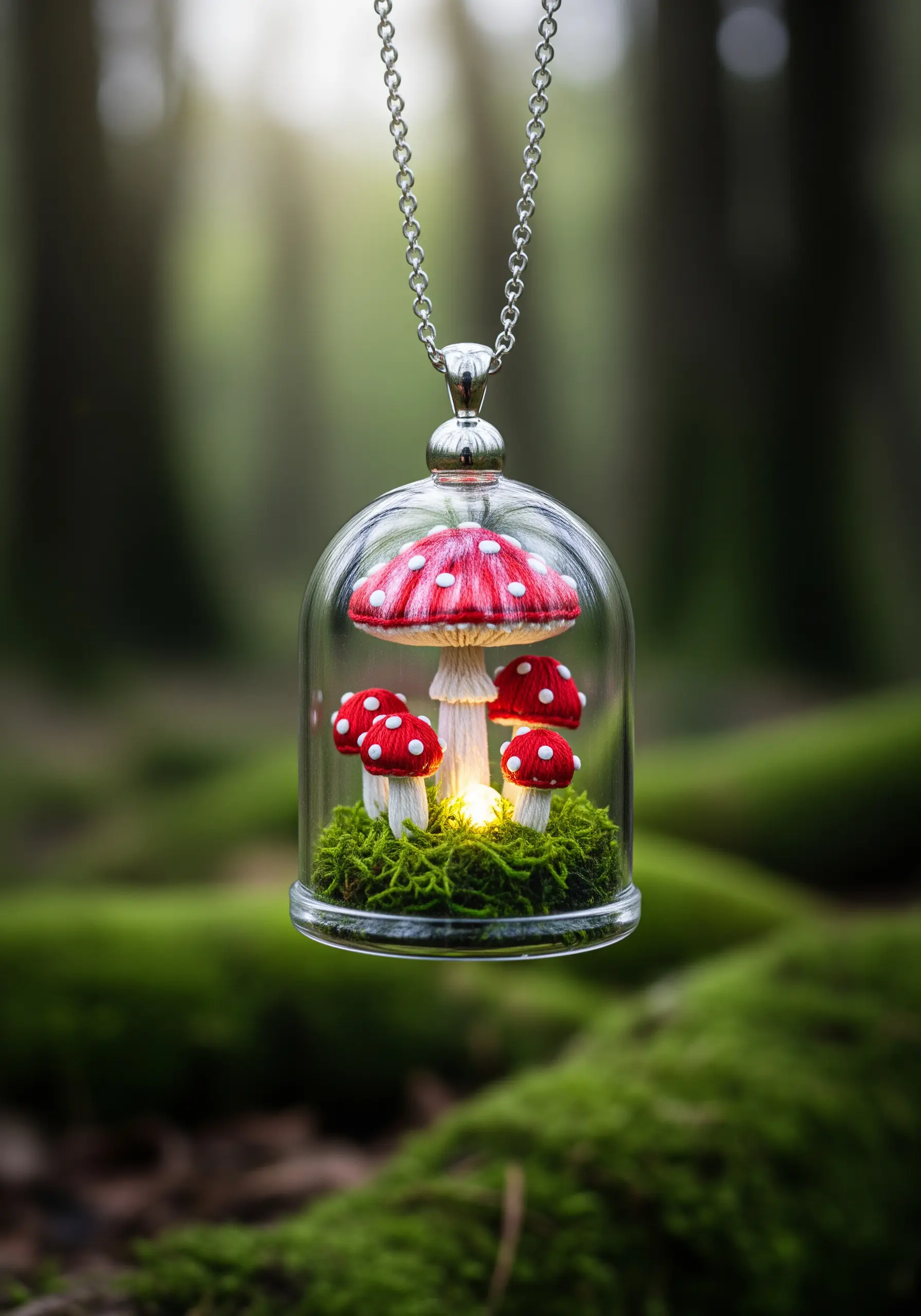Miniature embroidered mushrooms under a glass cloche pendant necklace.
