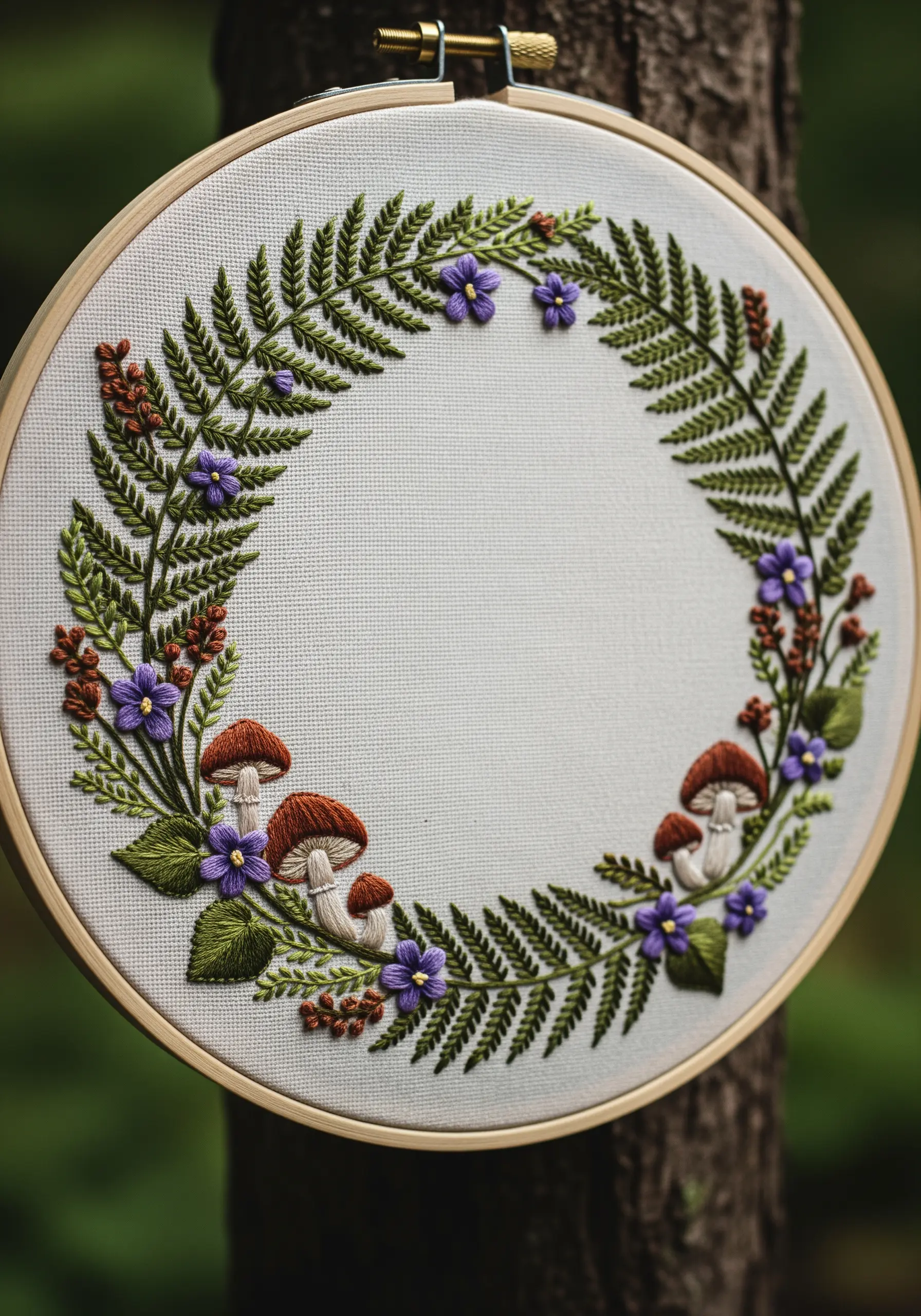 A woodland-themed wreath featuring embroidered ferns, mushrooms, and small purple violets.
