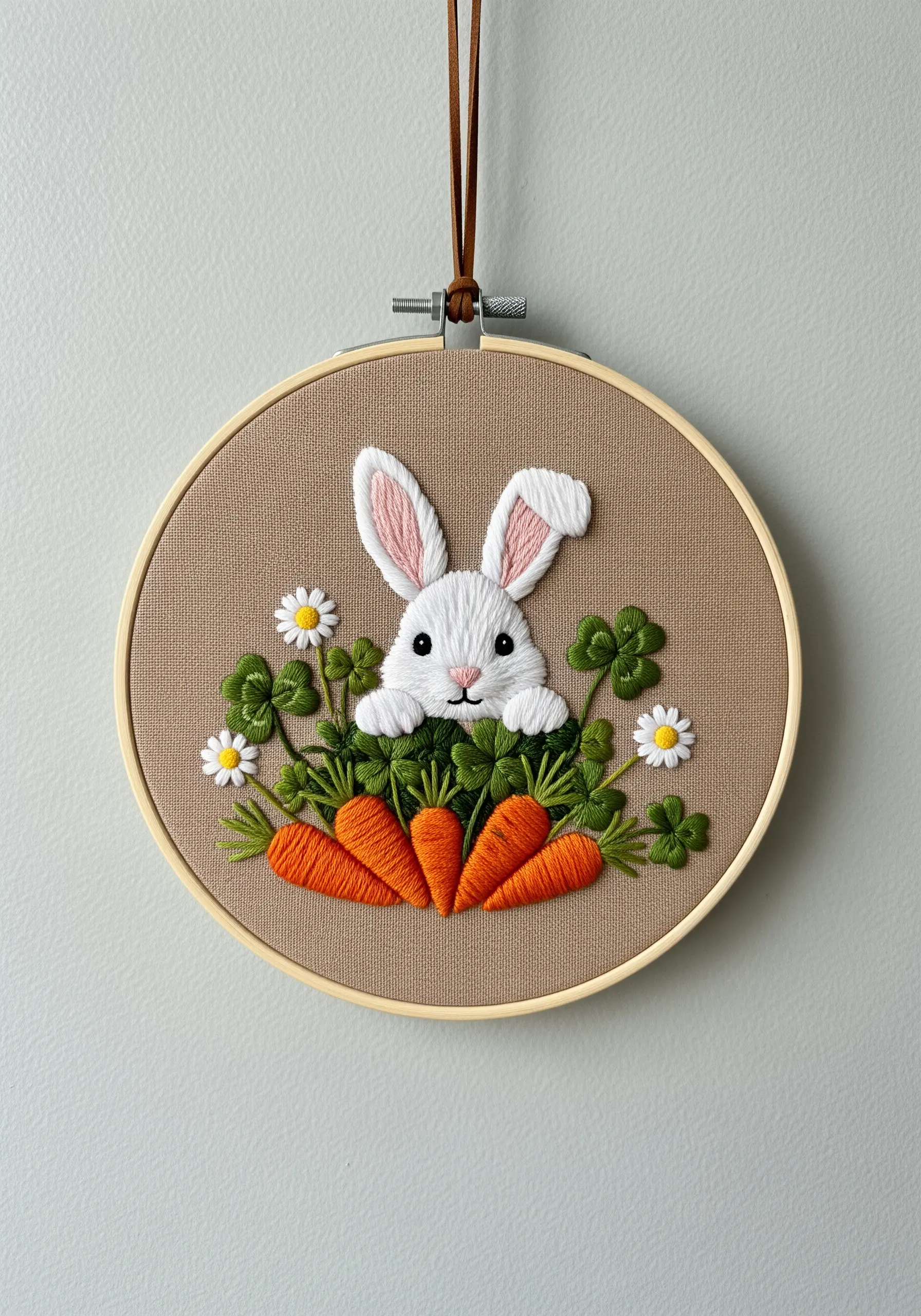 Embroidered bunny peeking from behind layered clover and 3D carrots.
