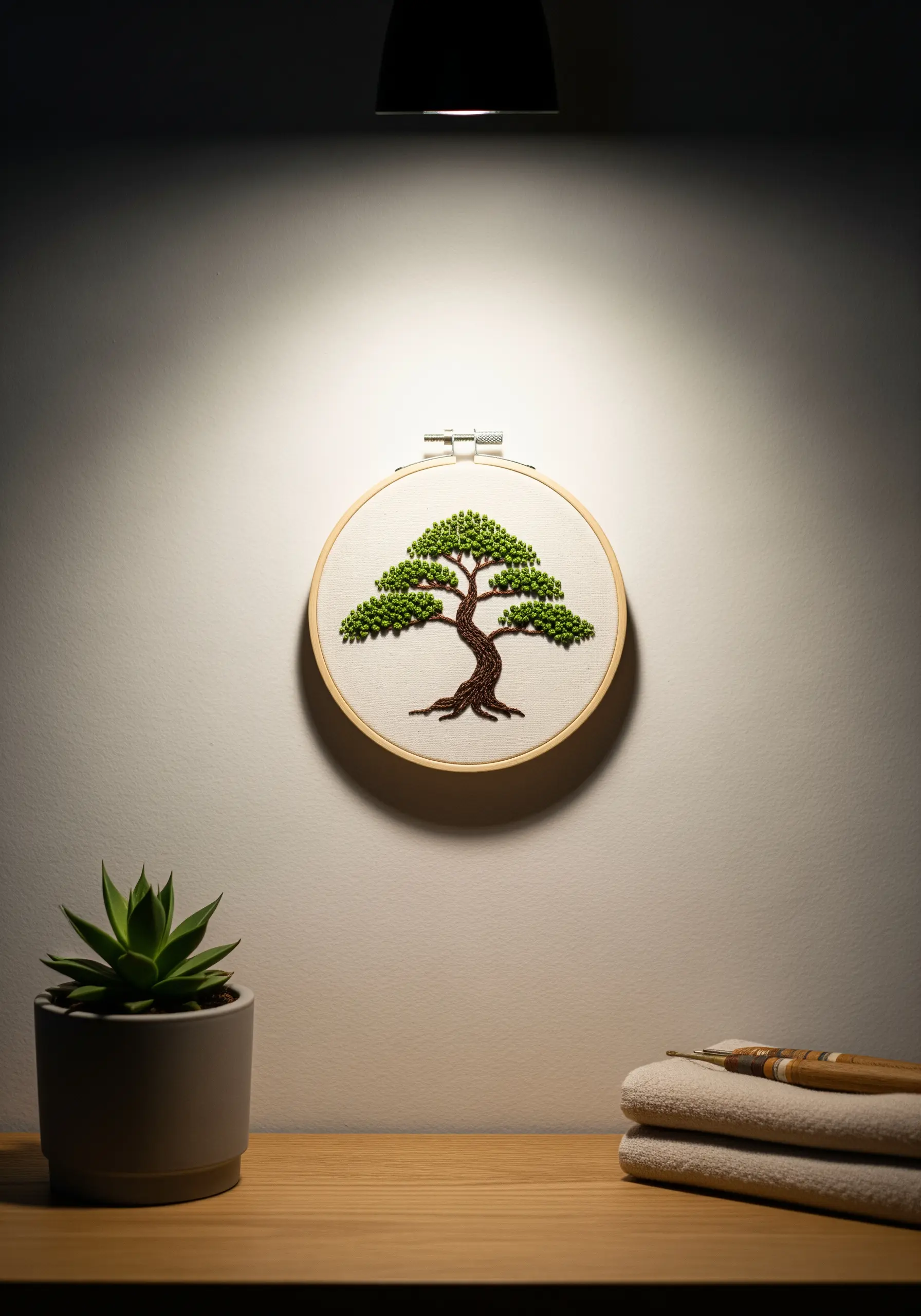 An embroidery hoop of a bonsai tree with a dense French knot canopy.