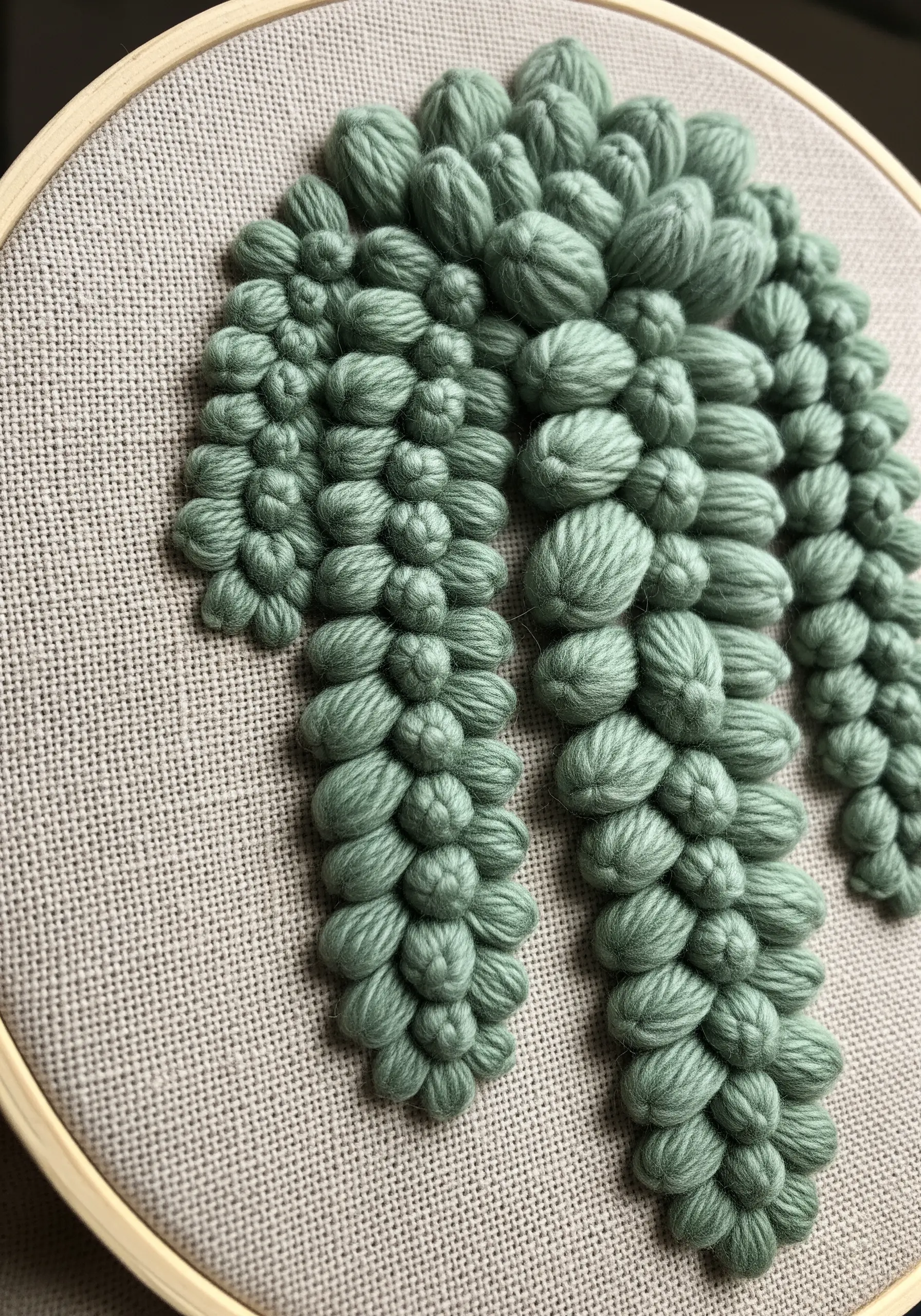 A close-up of a highly textured, three-dimensional Donkey Tail succulent embroidery.
