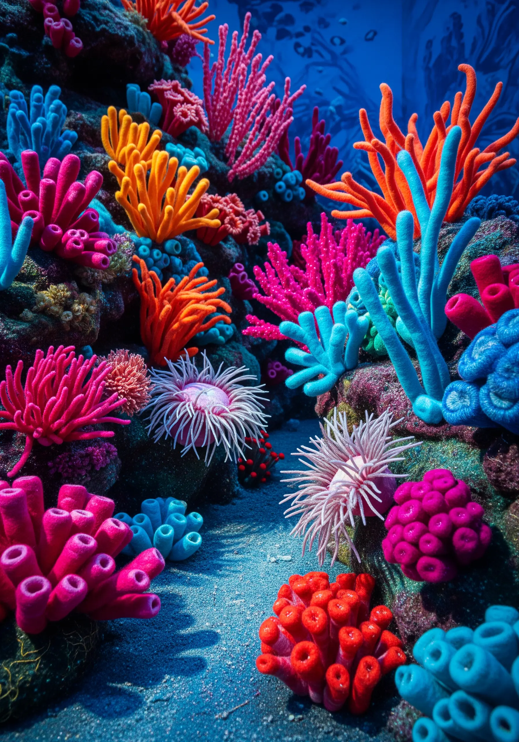 A vibrant, dense fiber art coral reef made with high-texture knots and stitches.