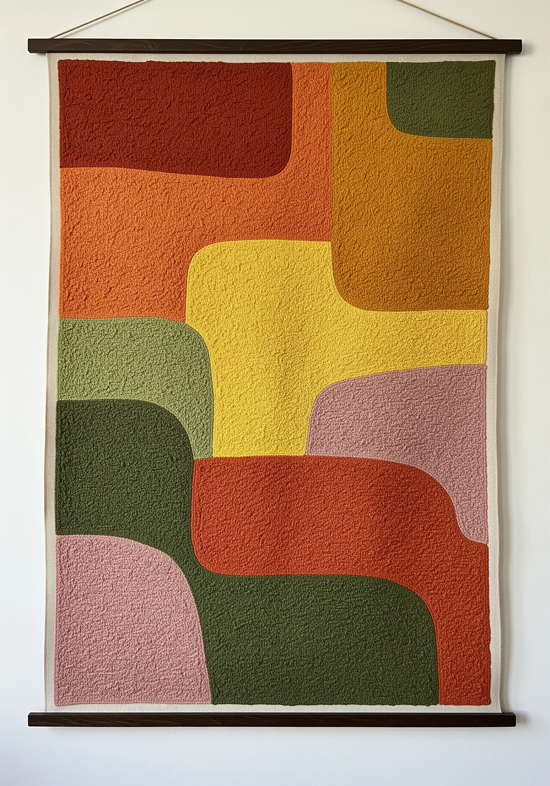 Large textile wall hanging with textured, interlocking color blocks in earthy tones.