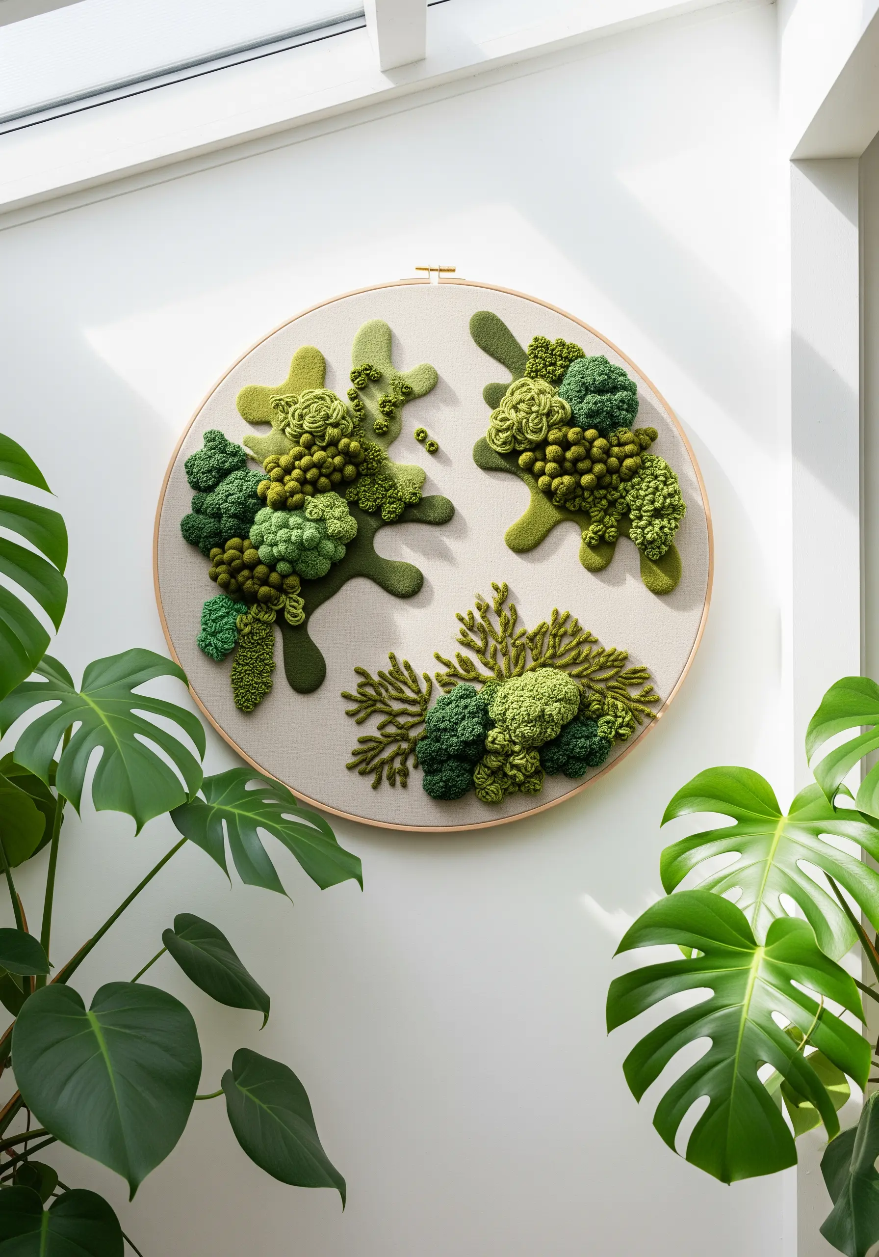 Embroidery hoop with voluminous green textures mimicking moss and lichen using various knot stitches.