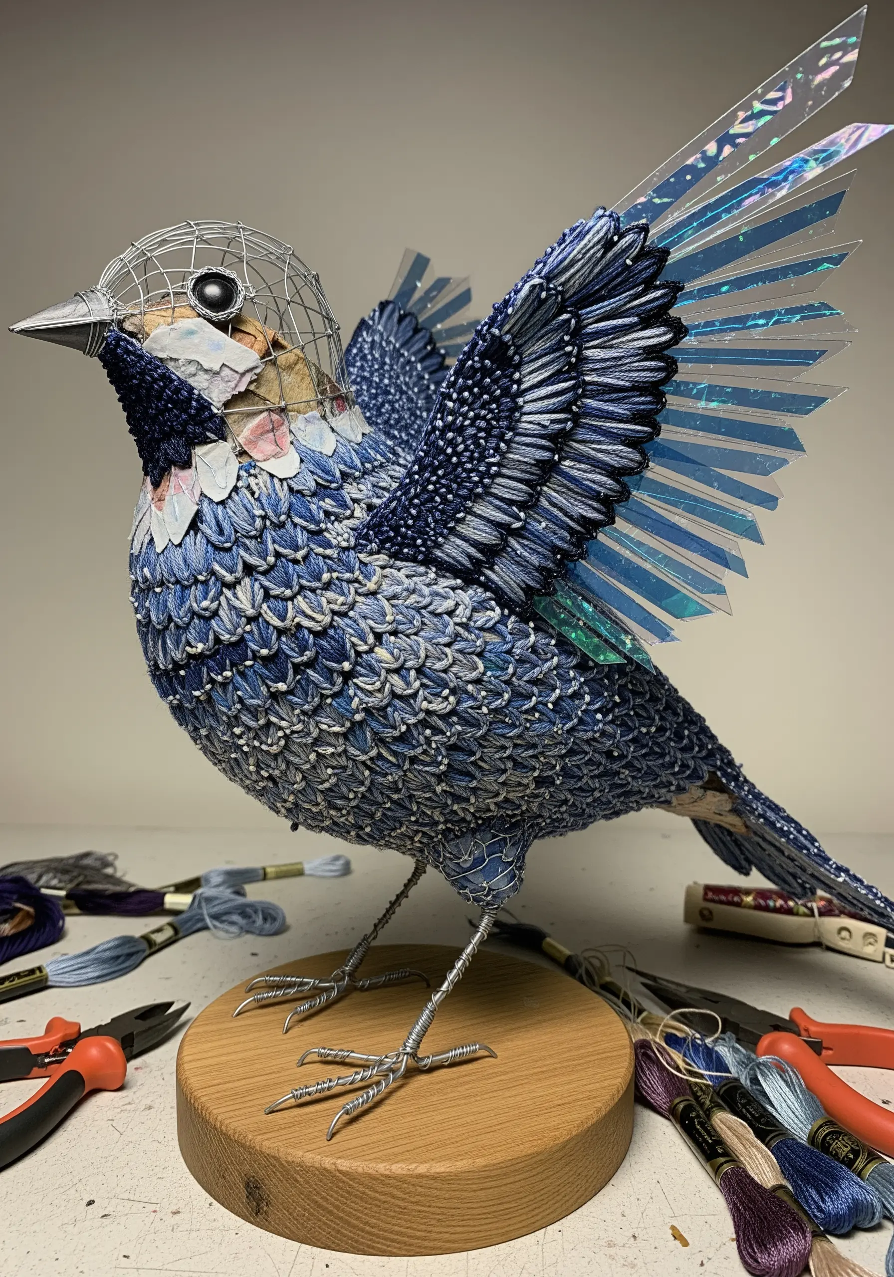A three-dimensional bird sculpture made from a wire frame, fabric, and intricate blue embroidery.