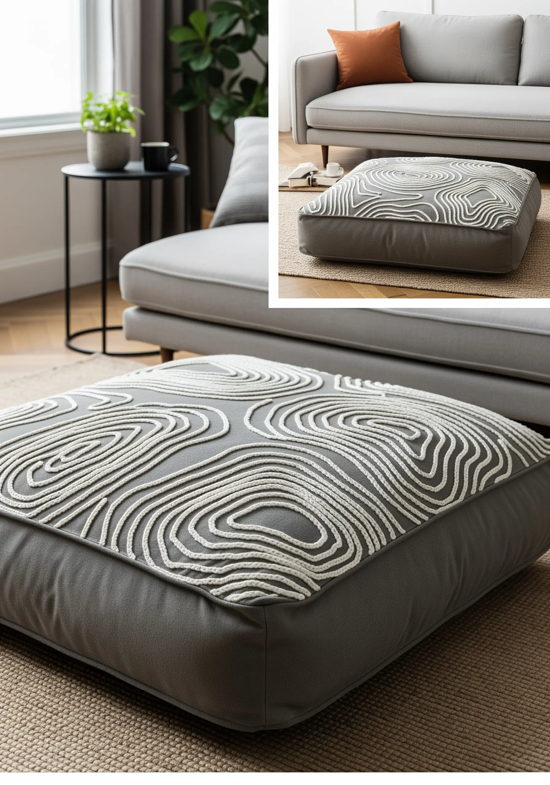 Abstract topographic lines created with thick, couched yarn on a grey floor cushion.