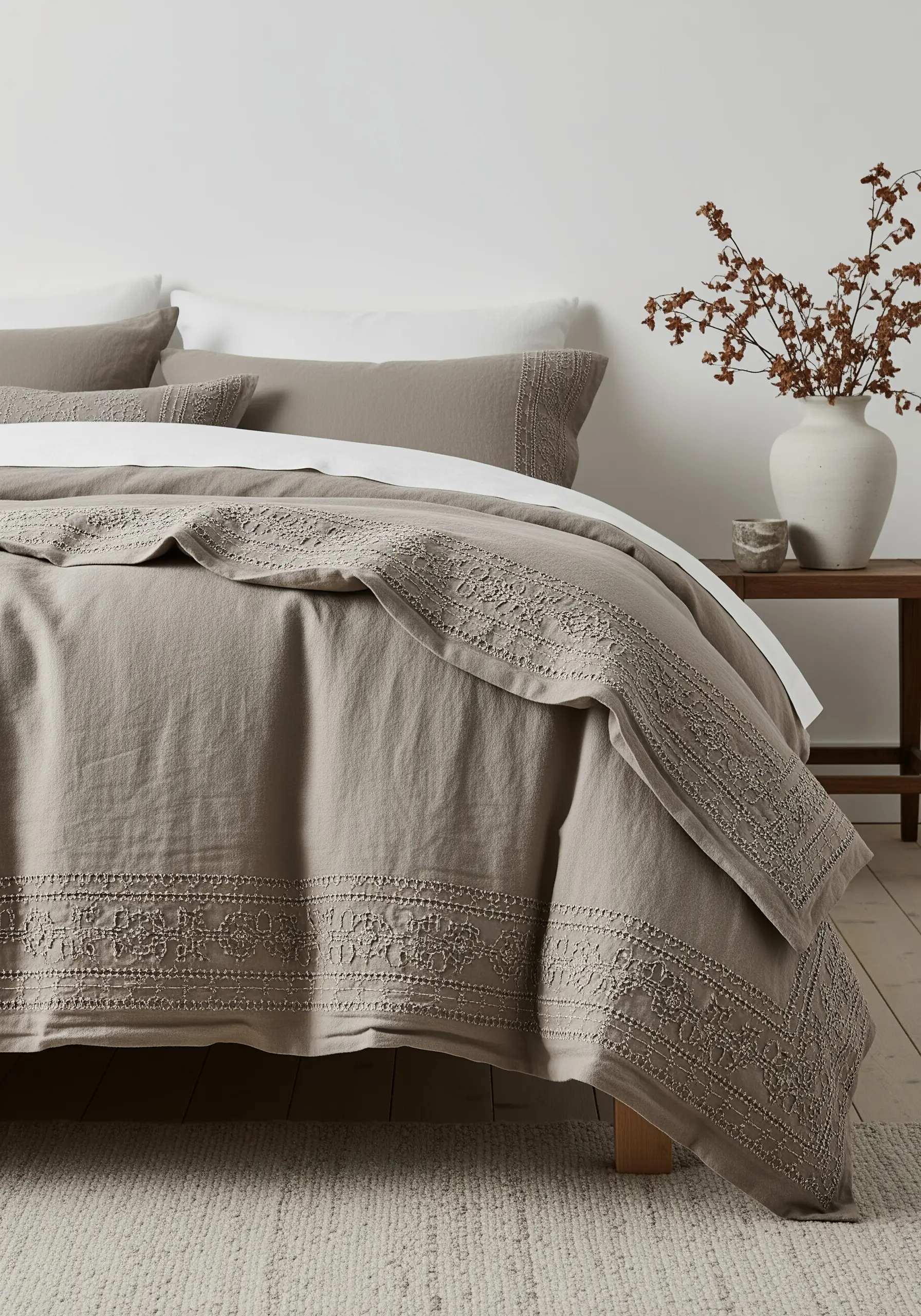 Intricate tone-on-tone border on a taupe duvet cover, created with dense knot stitches.