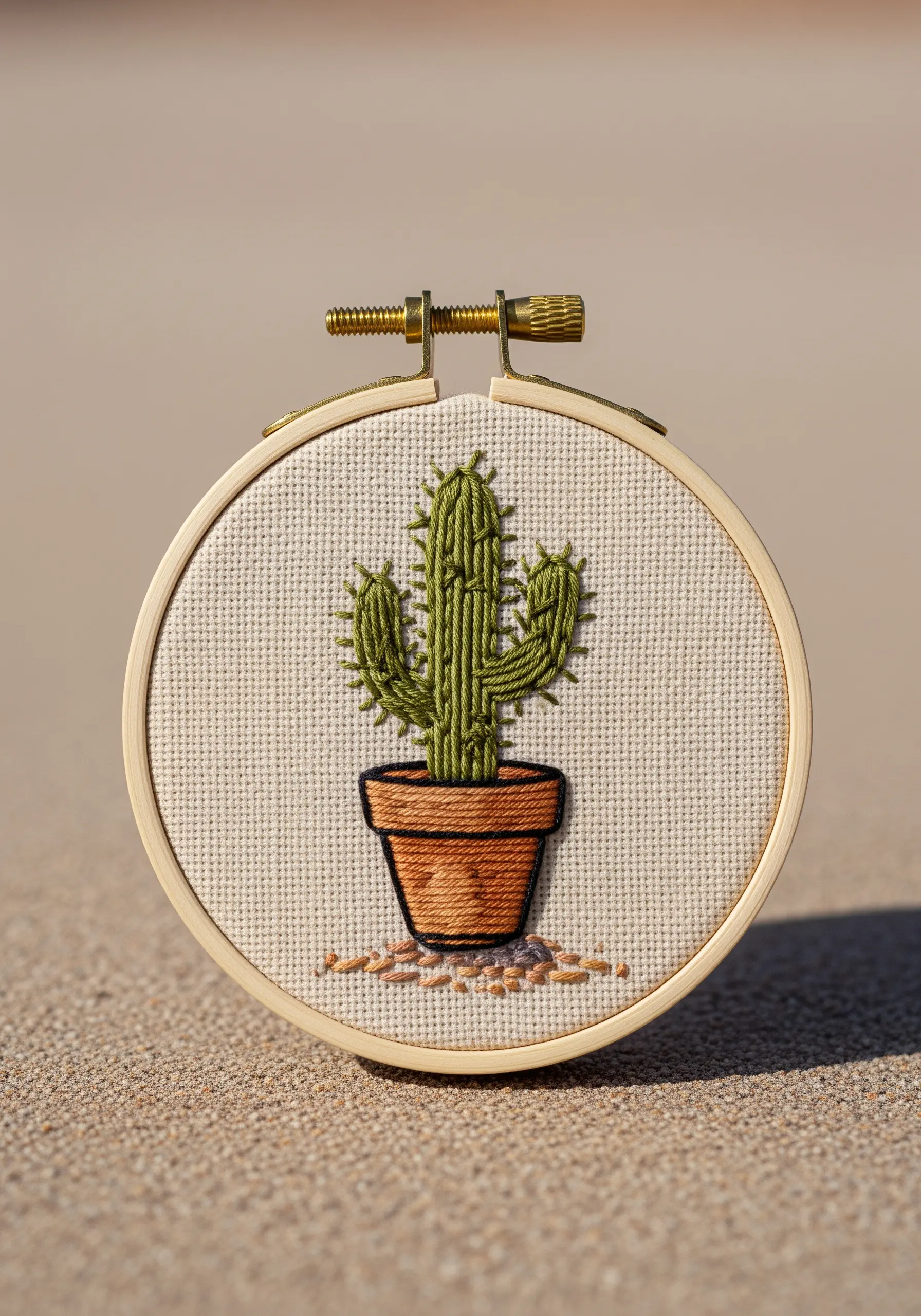 Embroidered potted cactus with textured spines on Aida cloth.