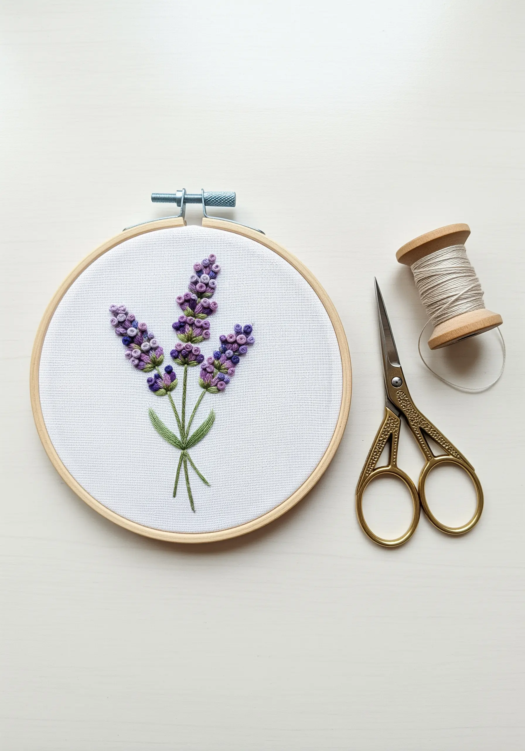 Delicate lavender sprigs embroidered with purple French knots and green stem stitches.