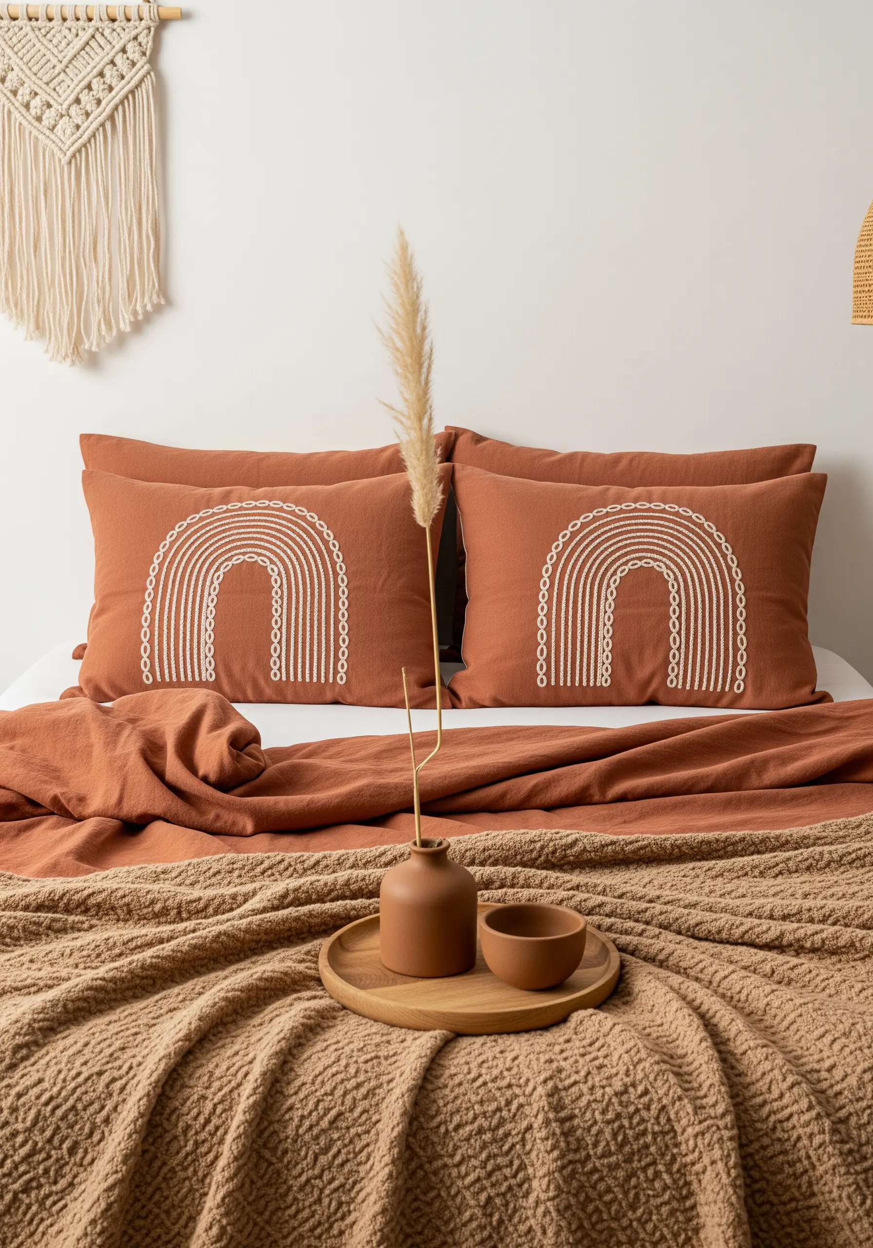 Arched rainbow motifs created with layered rows of white chain stitch on terracotta pillows.