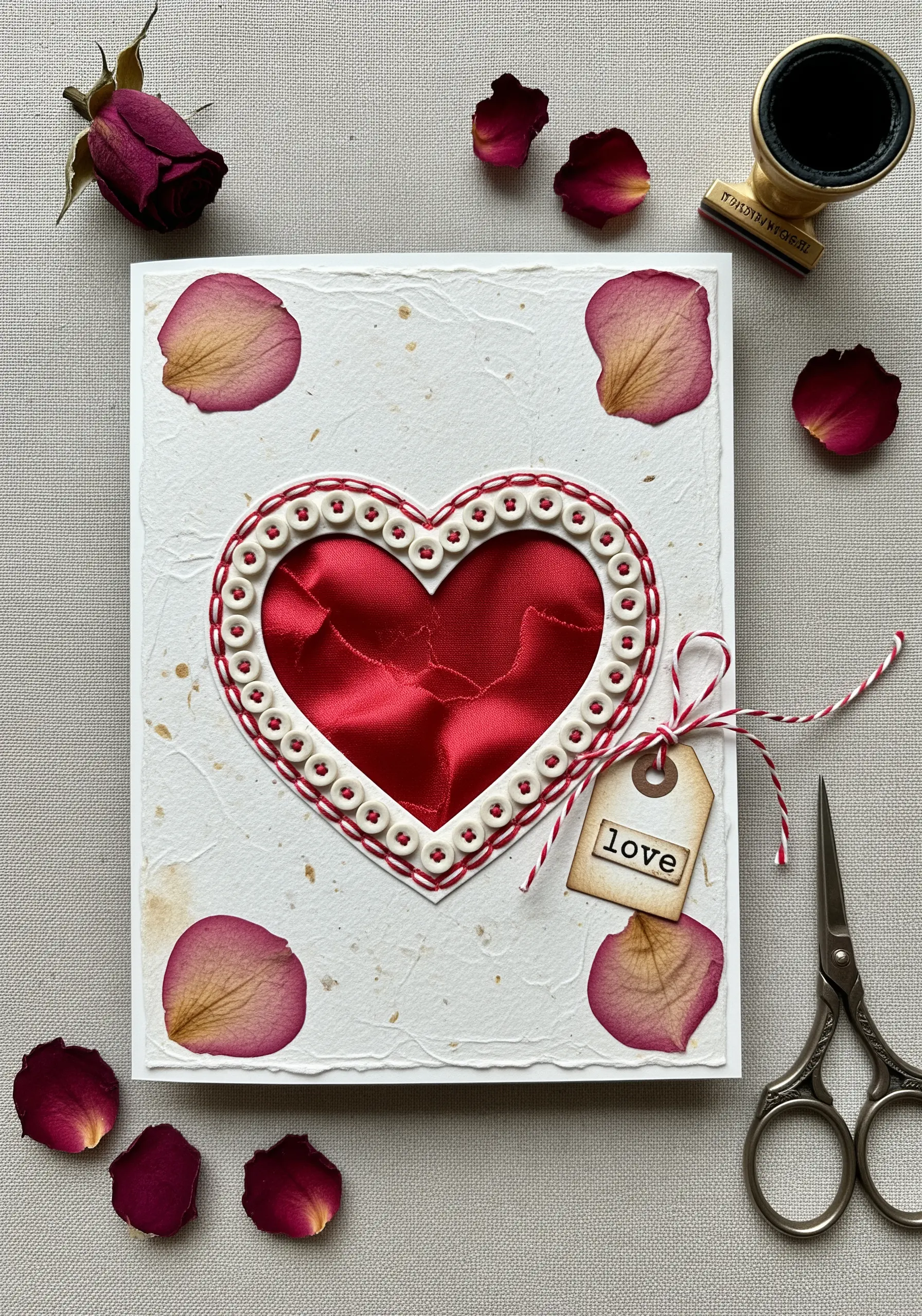A heart-shaped cutout framed with white buttonhole stitches and woven with red satin ribbon.