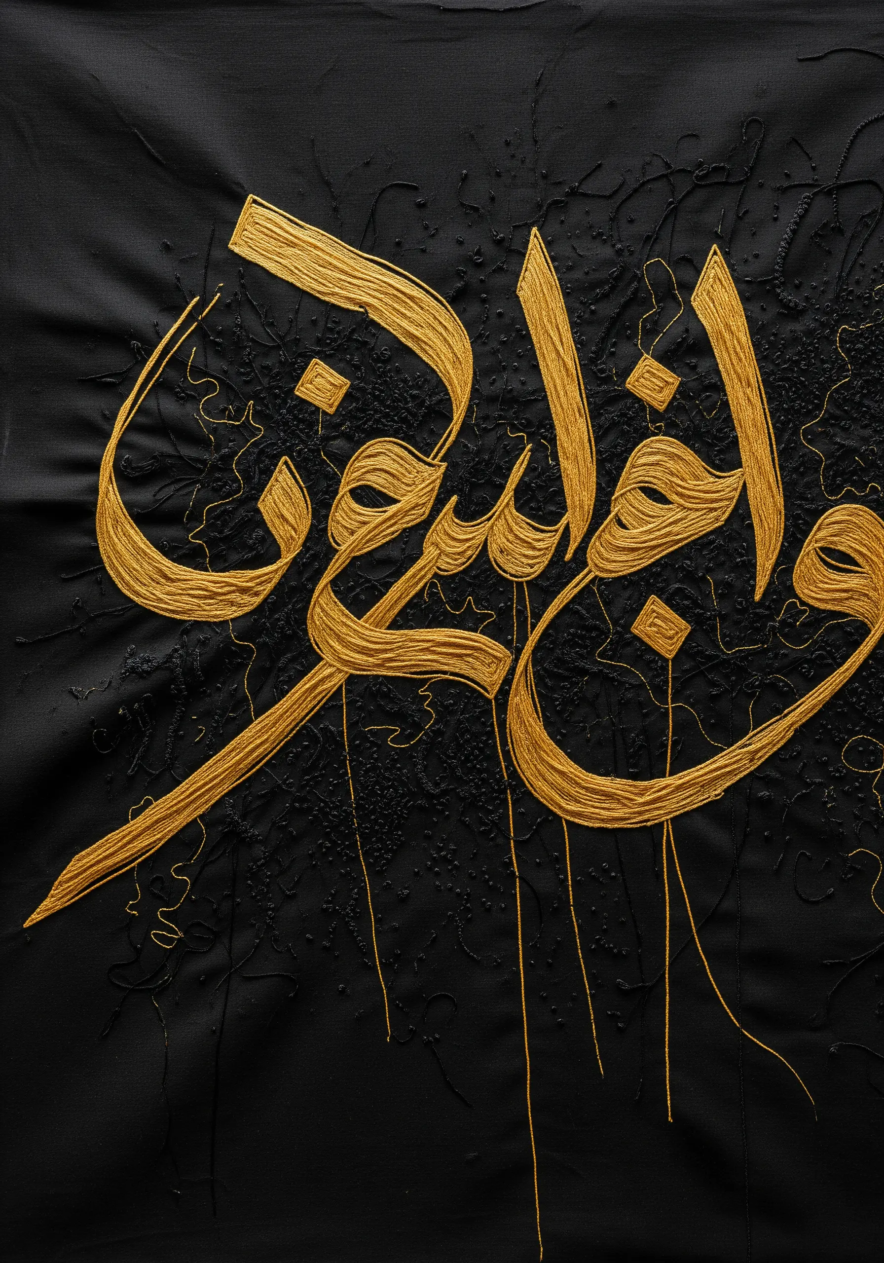 Gold Arabic calligraphy on black fabric with subtle black-on-black textured stitching.