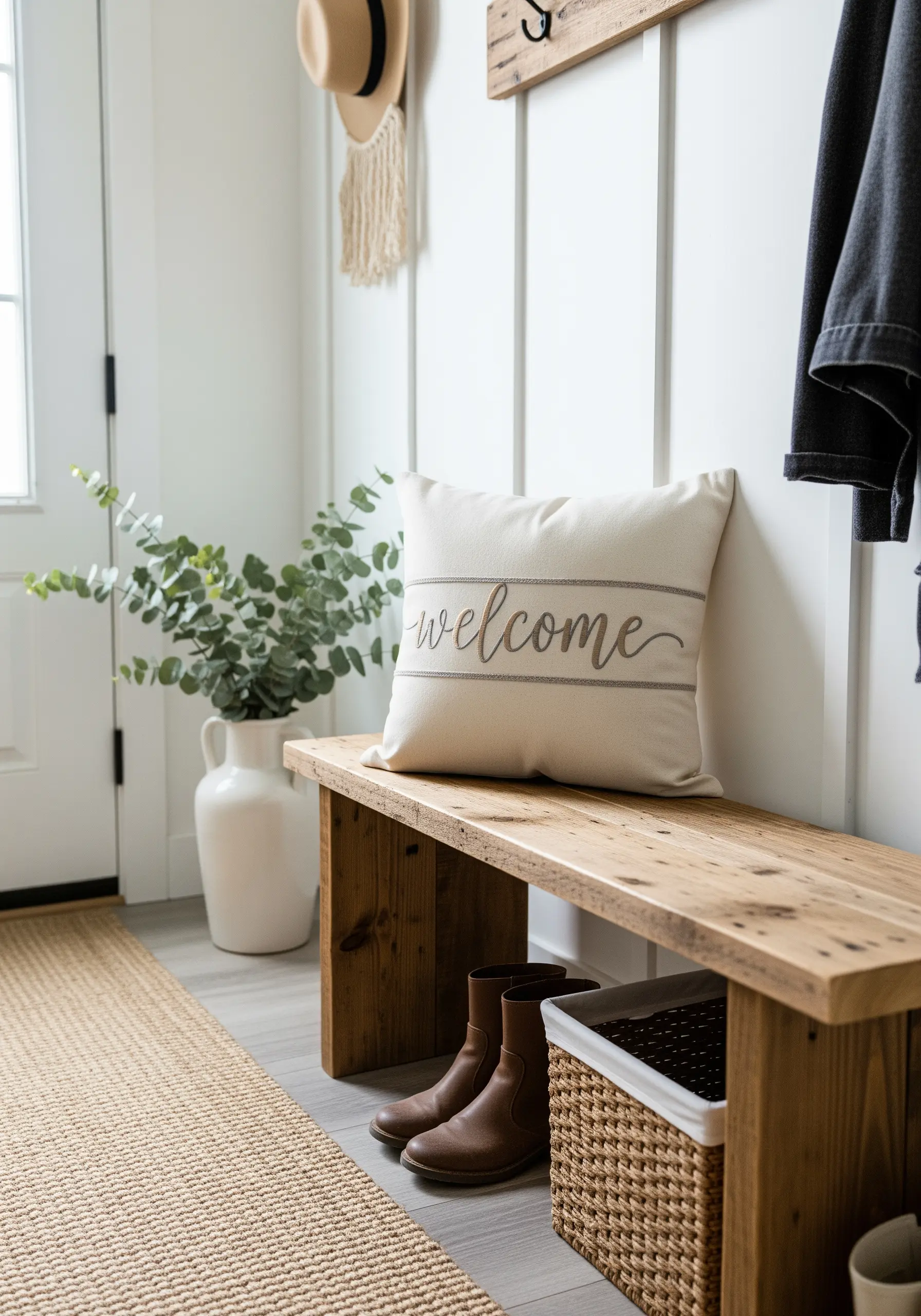 Embroidered 'welcome' in elegant script on an entryway bench pillow.