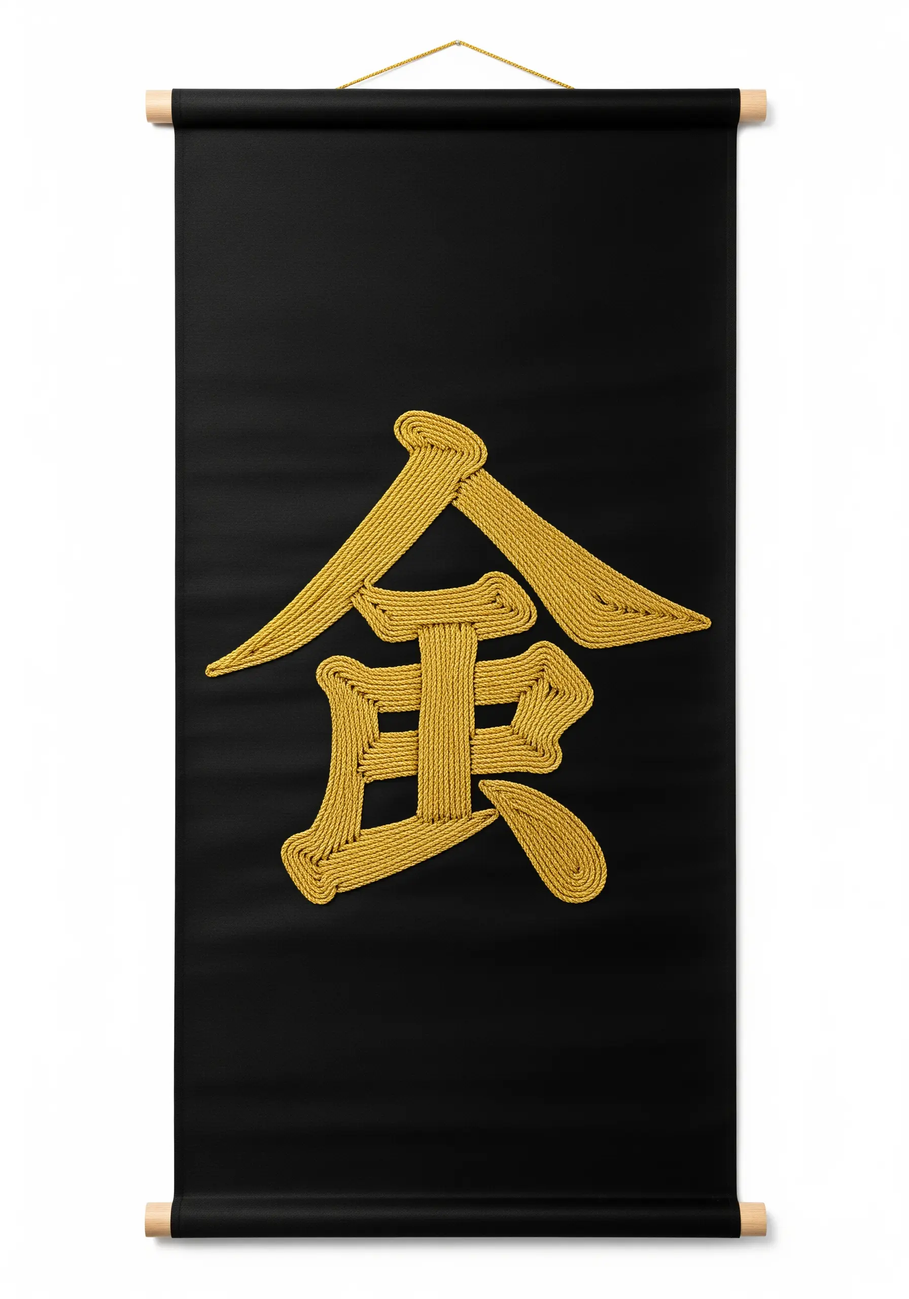 A Japanese kanji character made from thick gold cord couched onto a black scroll.
