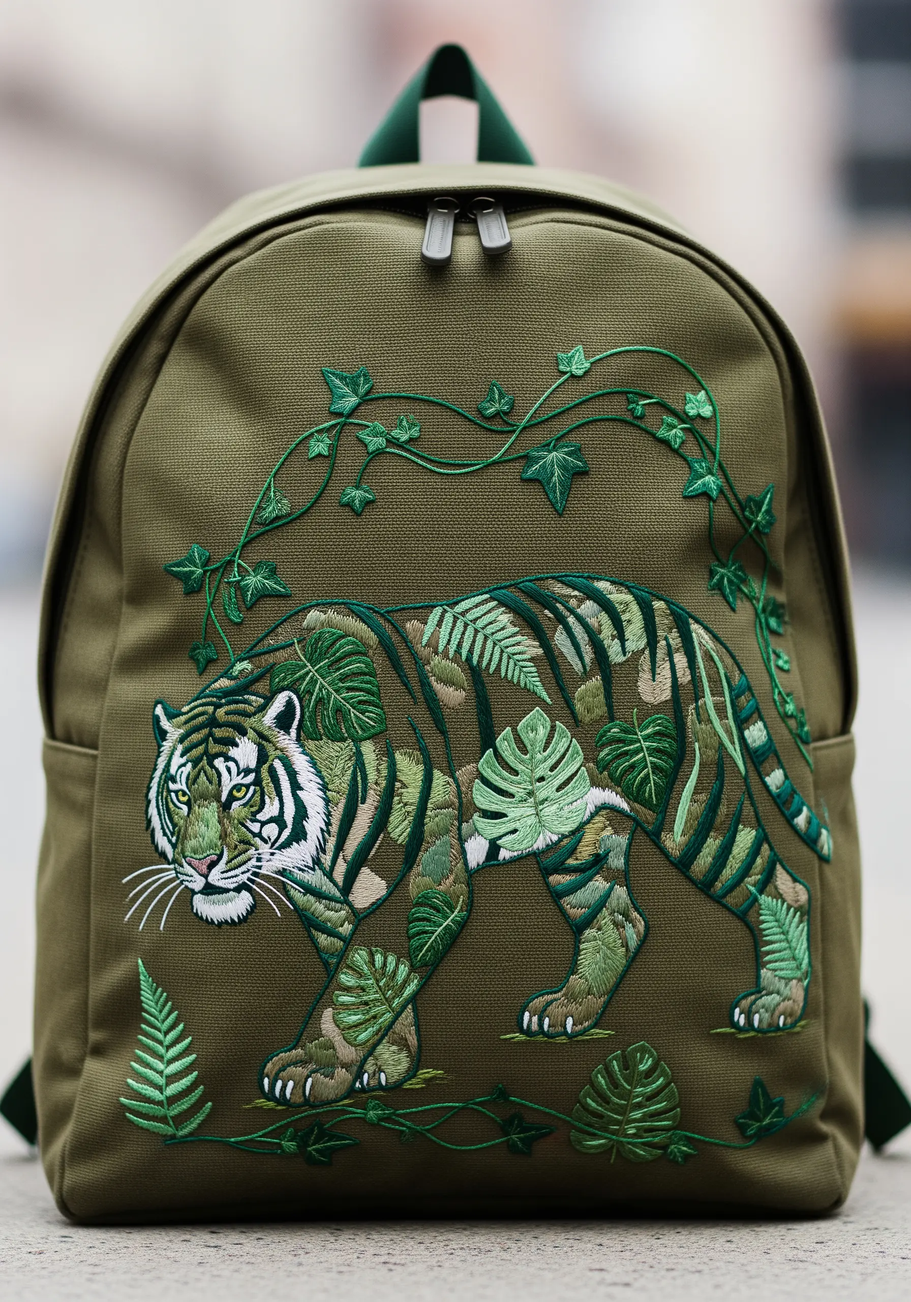 Embroidered tiger with camouflage and leaf-patterned stripes on a green backpack.