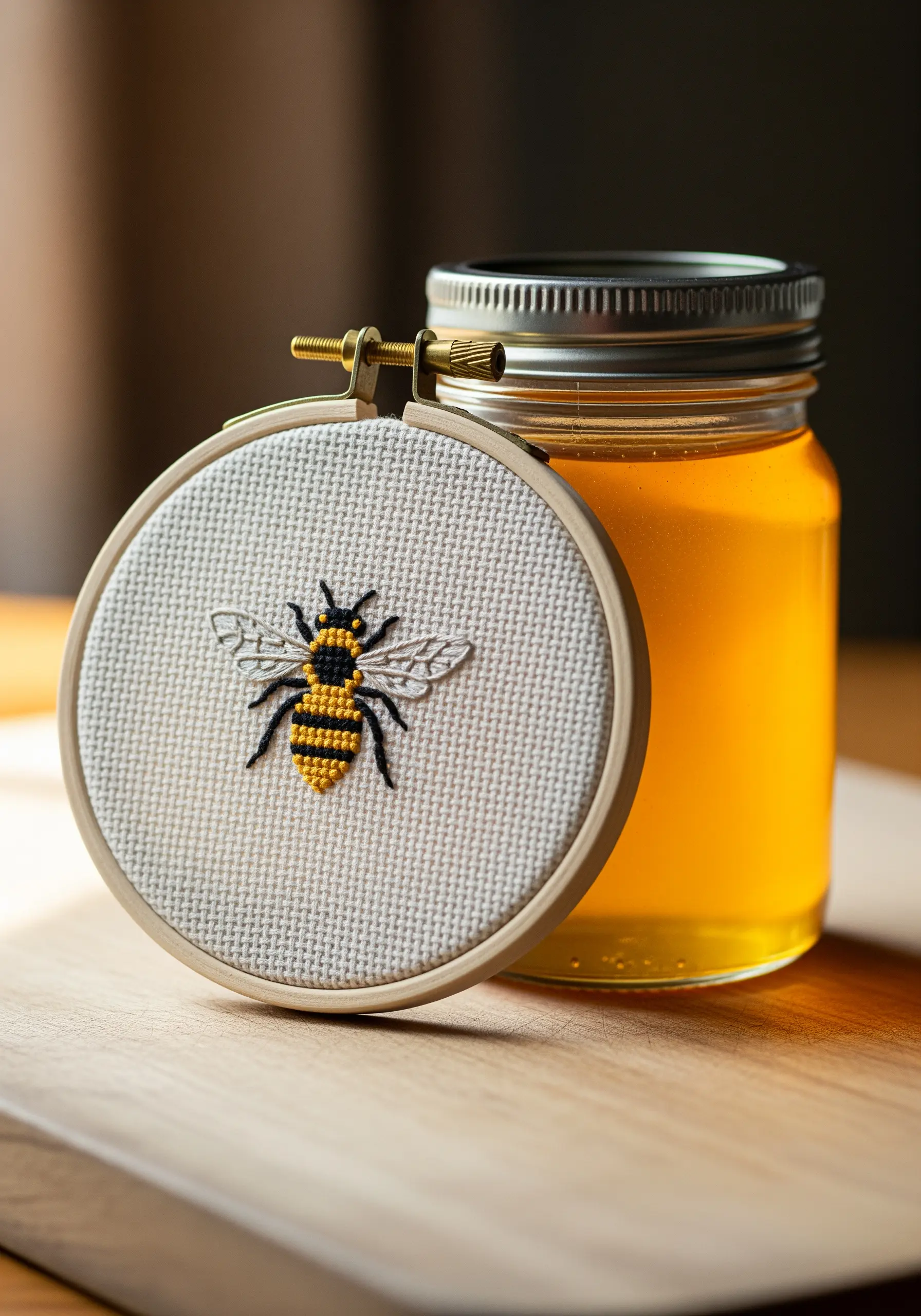 Detailed mini embroidery of a honeybee with textured body and delicate wings.