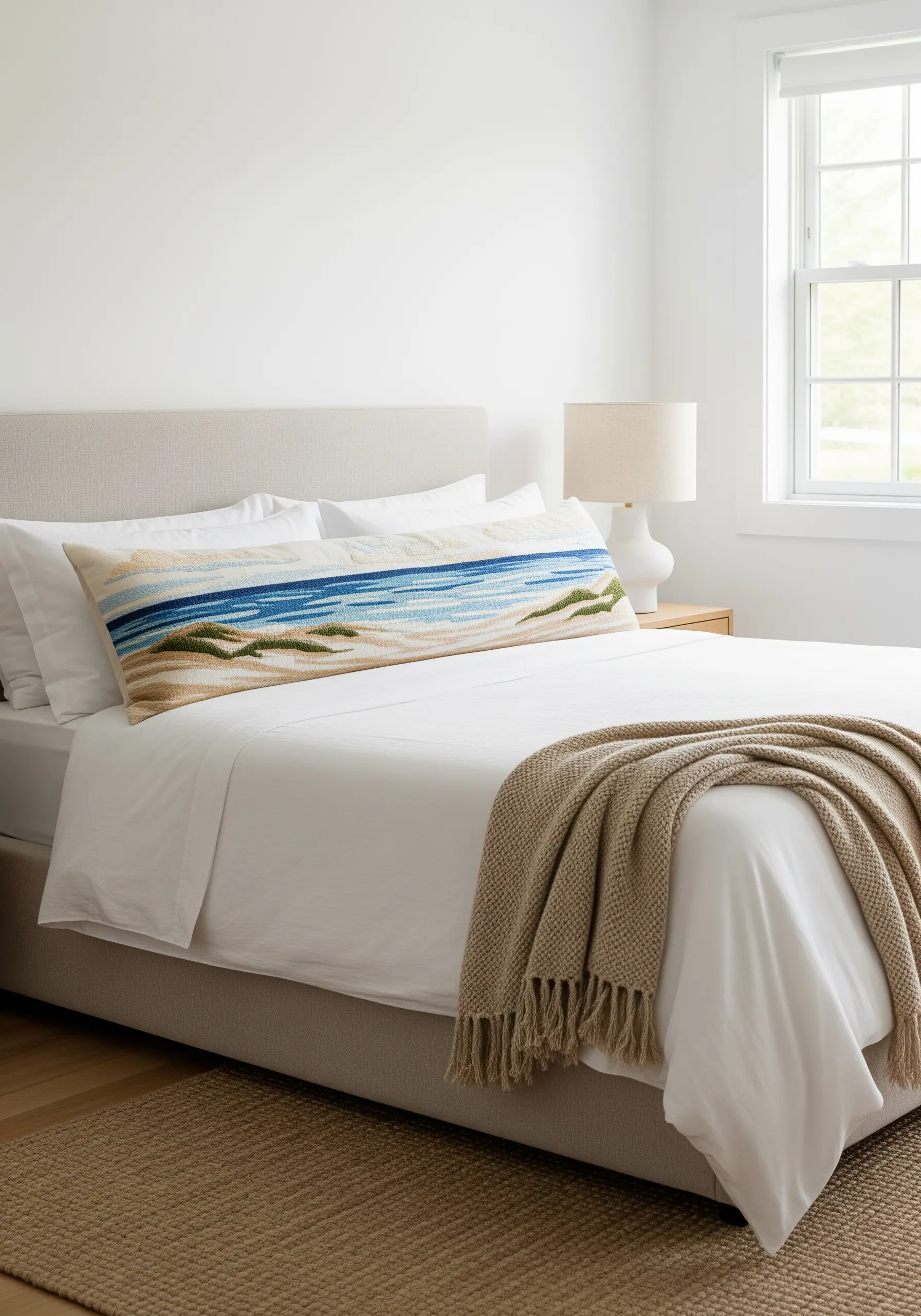 A long lumbar pillow on a bed, embroidered with a serene coastal scene of sand dunes and the ocean.