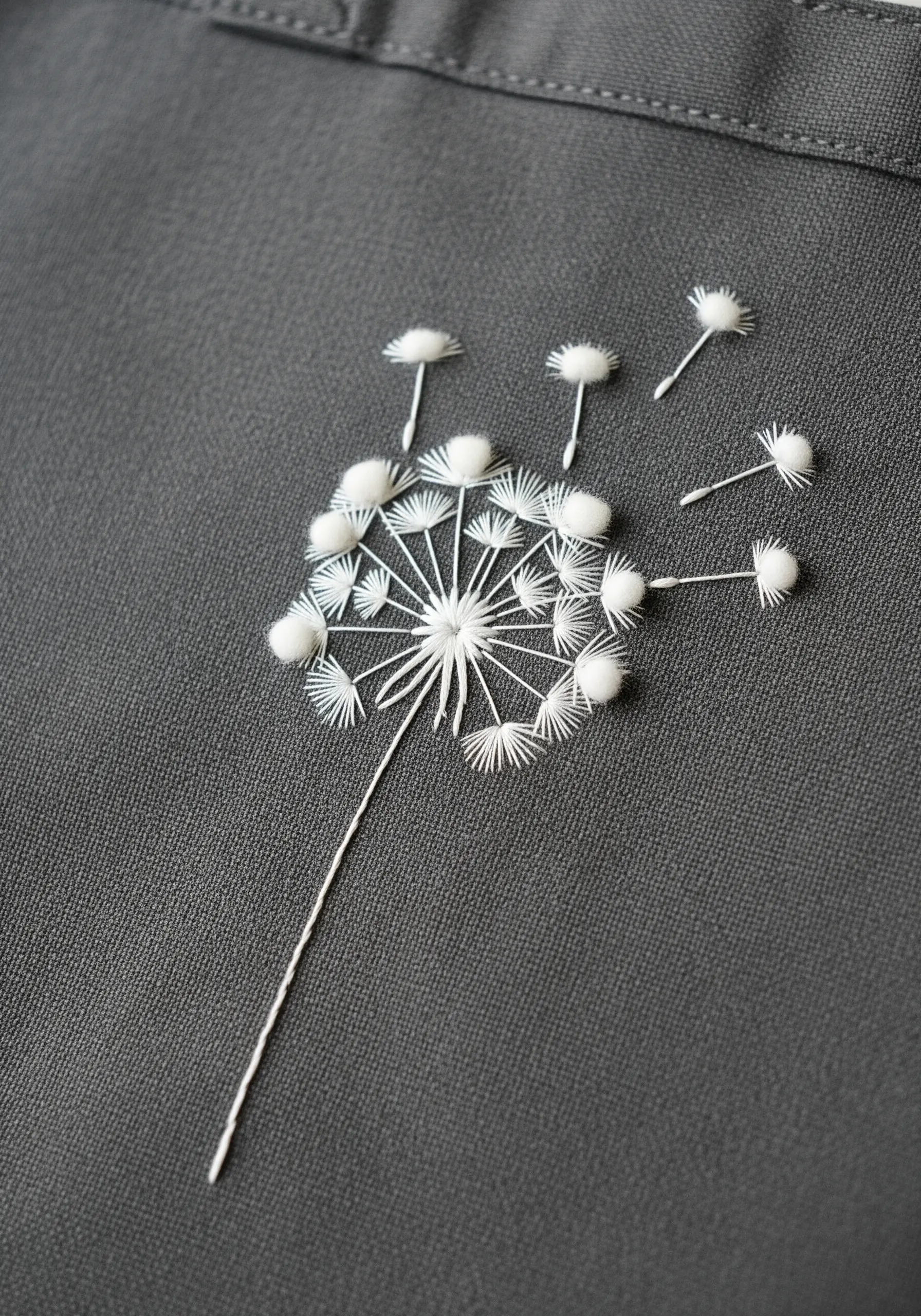 A delicate white dandelion puff embroidered on a dark gray tote bag, with seeds blowing away.