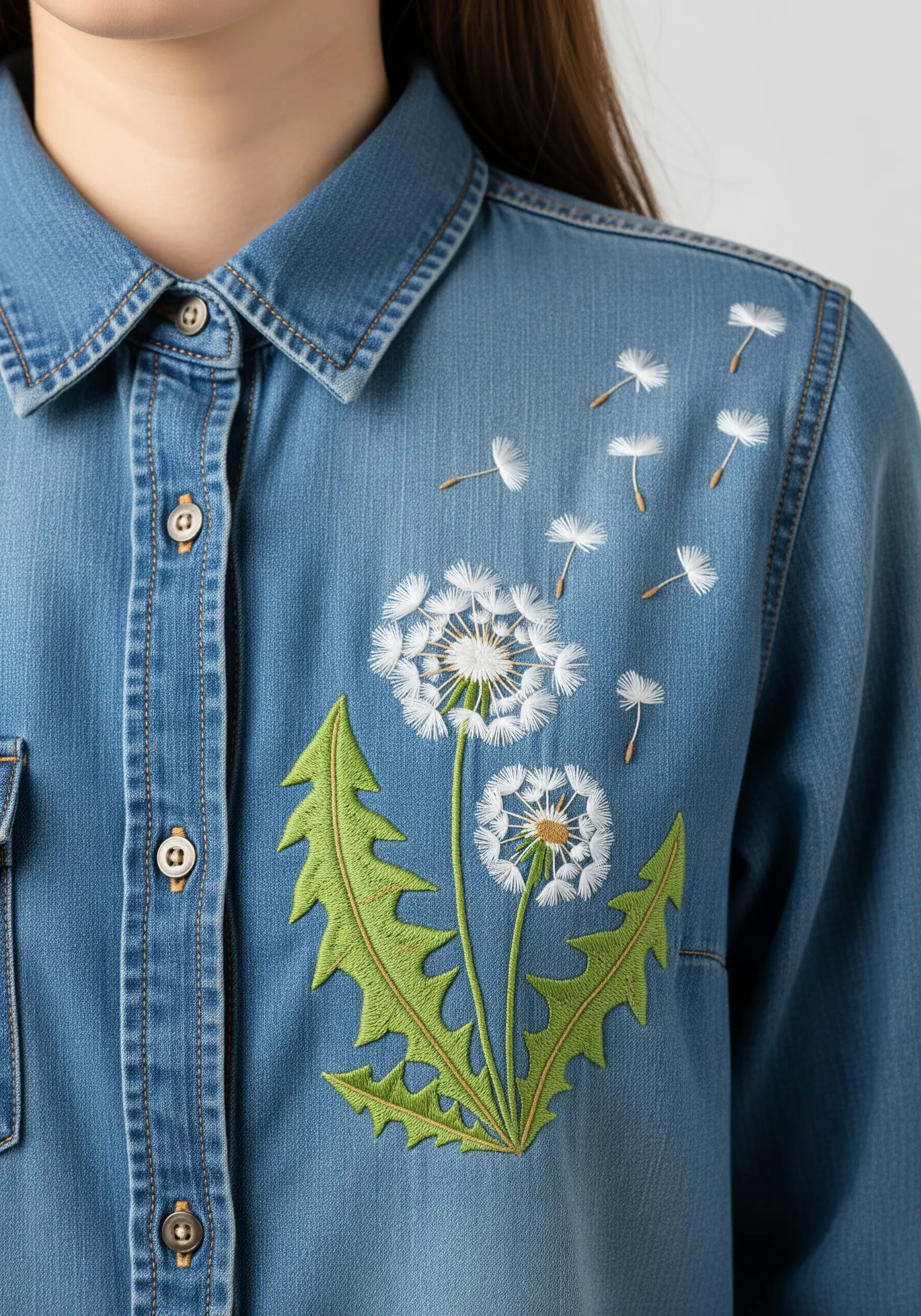 A dandelion with seeds blowing away, embroidered on the chest of a chambray shirt.