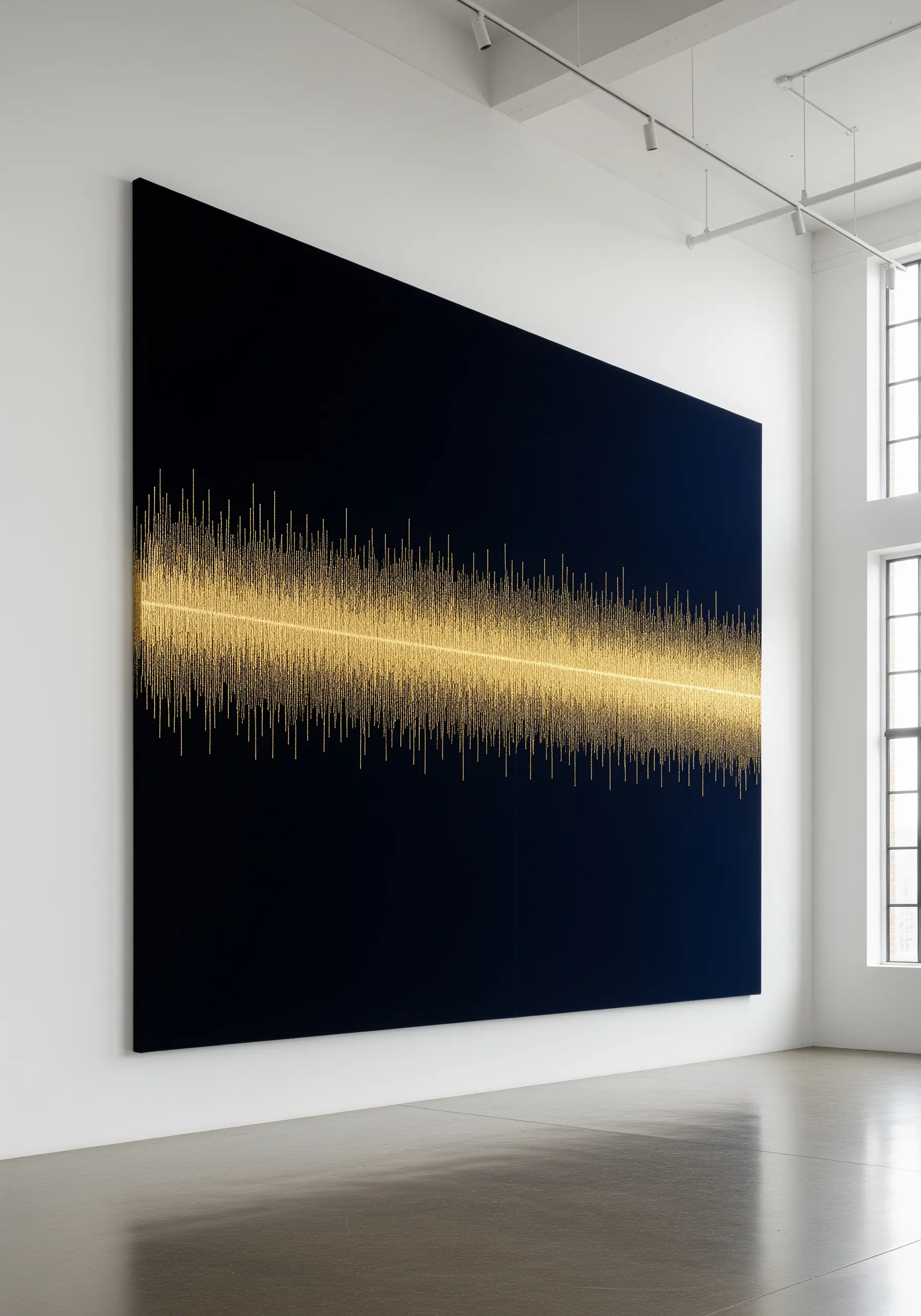 A massive gallery wall art piece showing a digital soundwave made of gold metallic stitches.