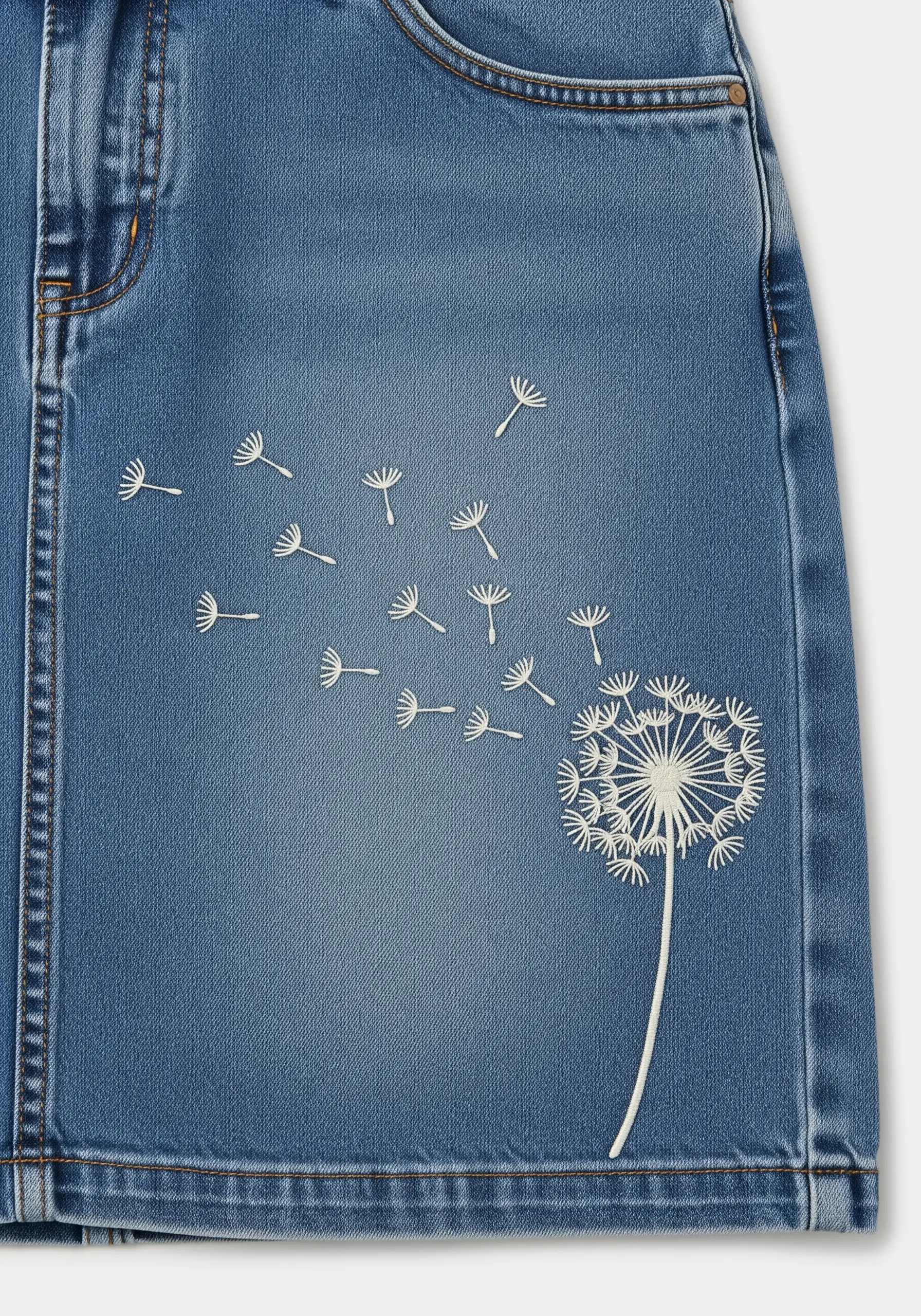 A dandelion with seeds blowing away, embroidered in white thread on a denim skirt.