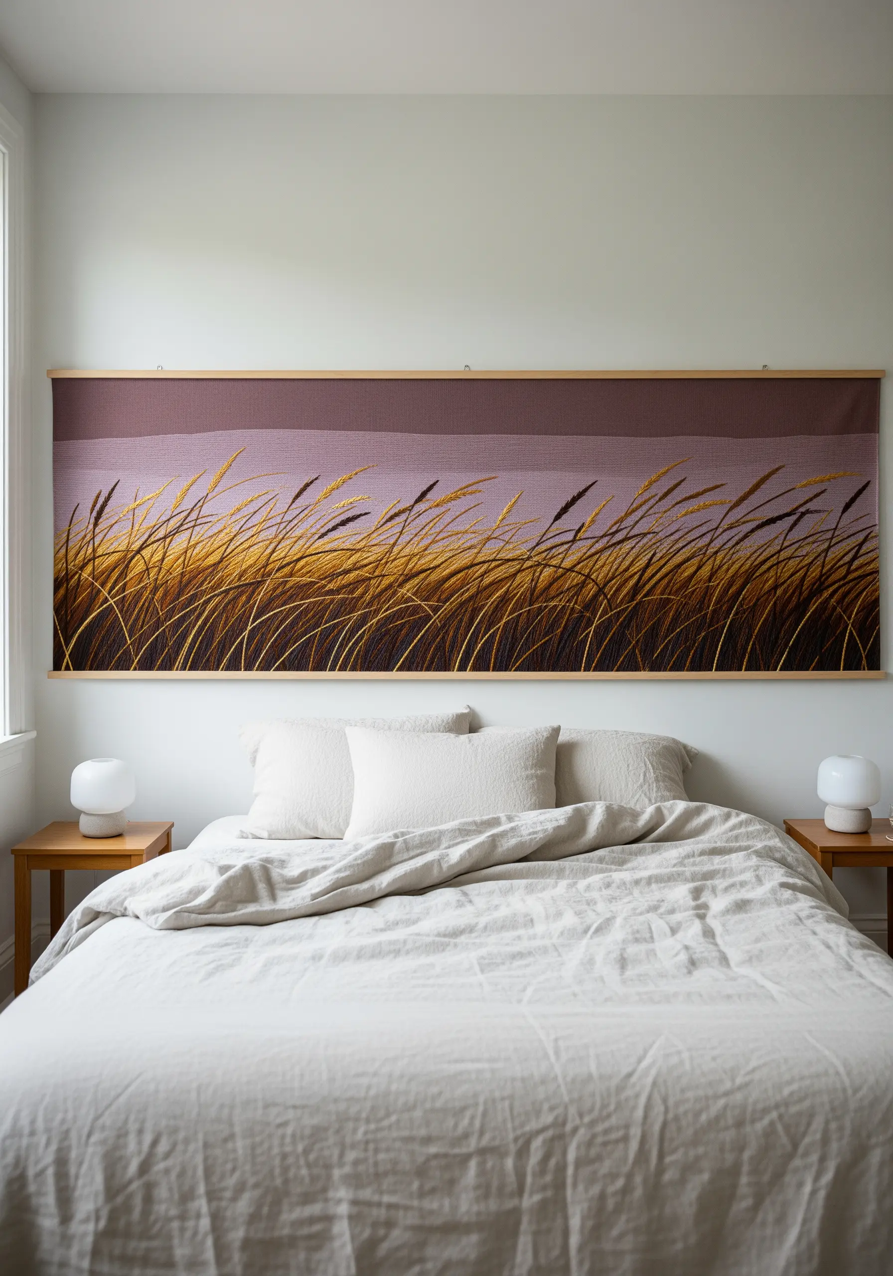 Long panoramic embroidery of golden grasses swaying in the wind, hung above a bed.