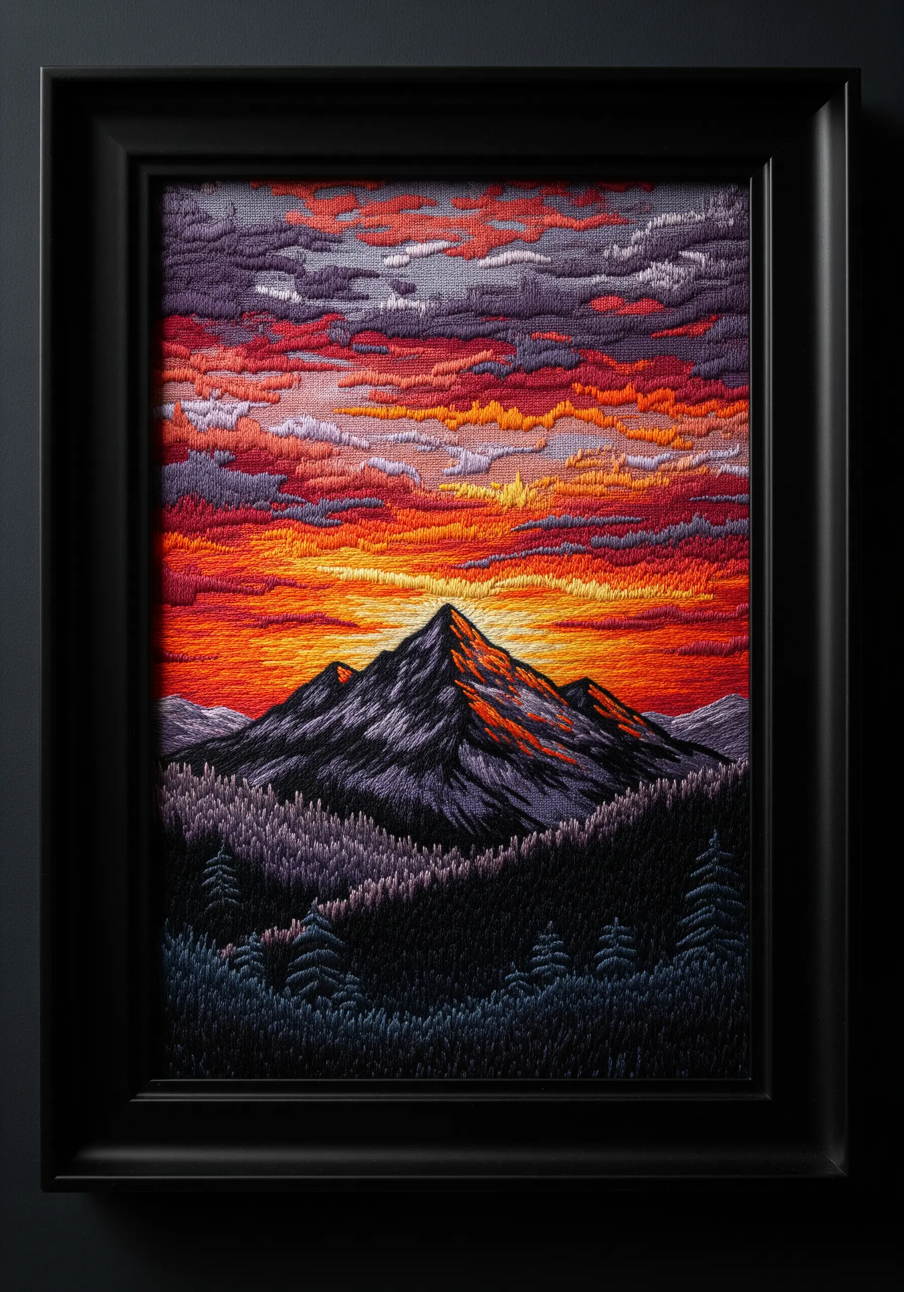 Framed embroidery of a dramatic, fiery red and orange sunset over a dark mountain.