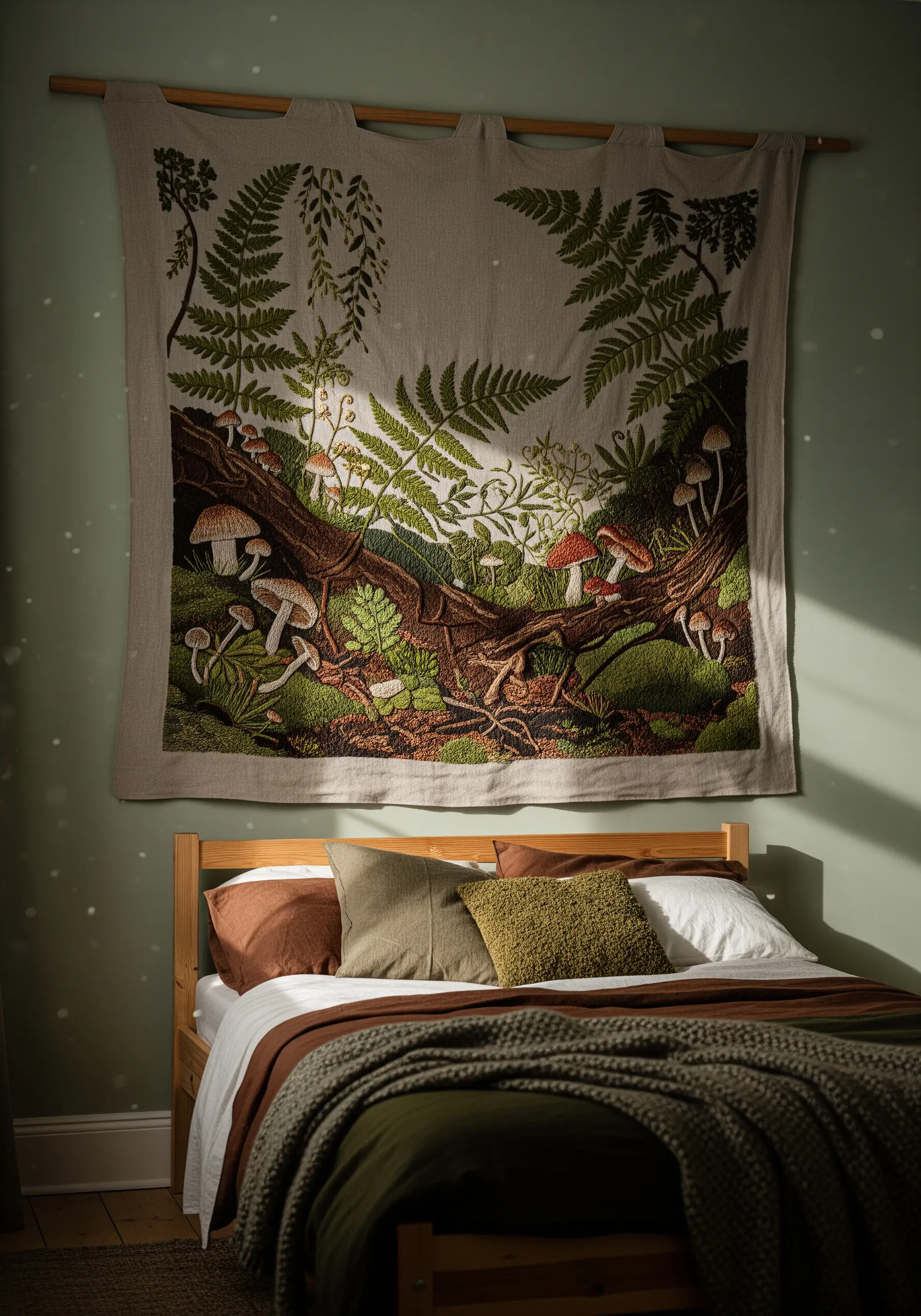 Large embroidered tapestry of a detailed forest floor with ferns and mushrooms.