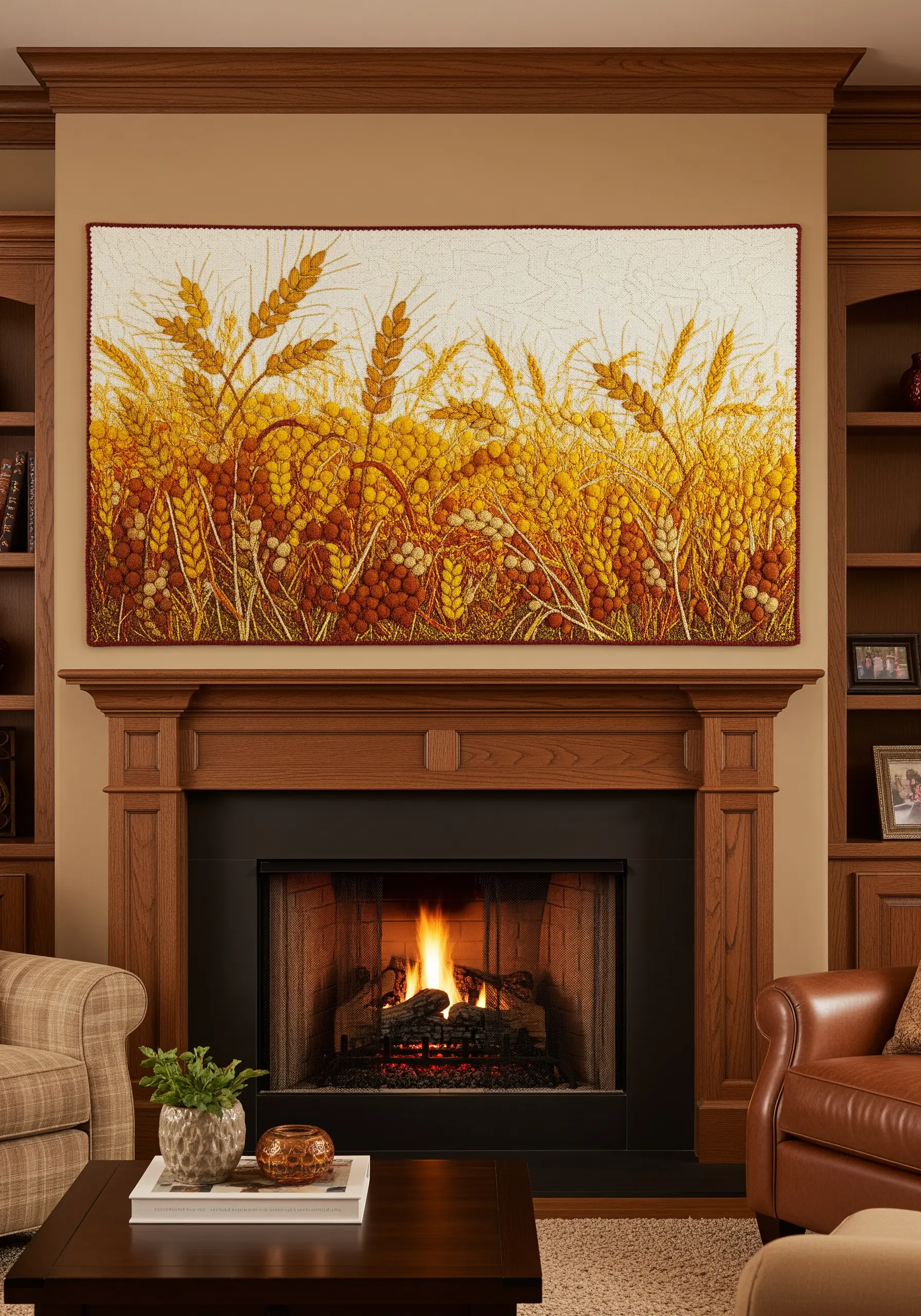 A large, detailed tapestry of a golden wheat field, placed above a fireplace mantel.