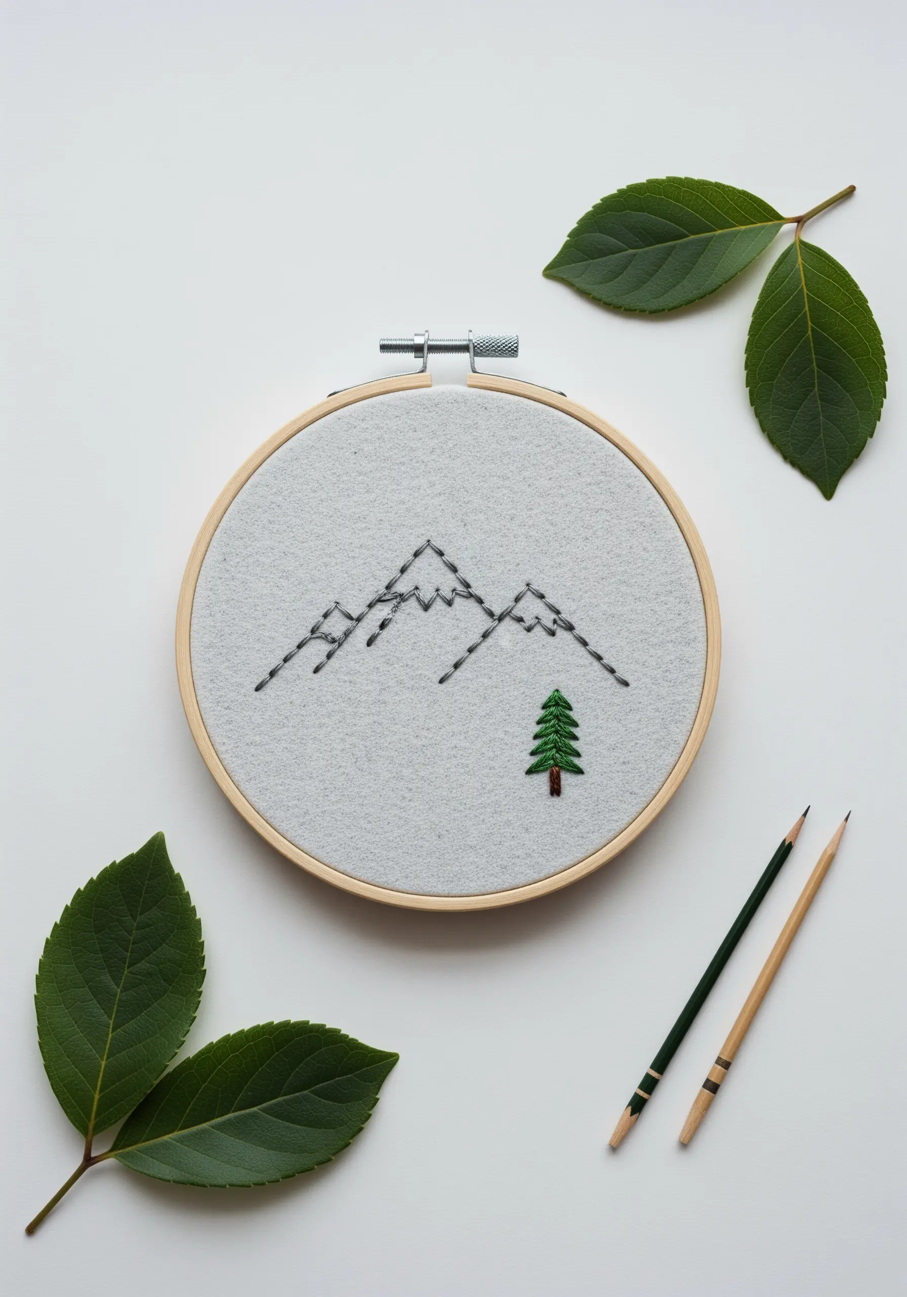 A minimalist mountain range and a single green tree embroidered on light grey felt in a hoop.