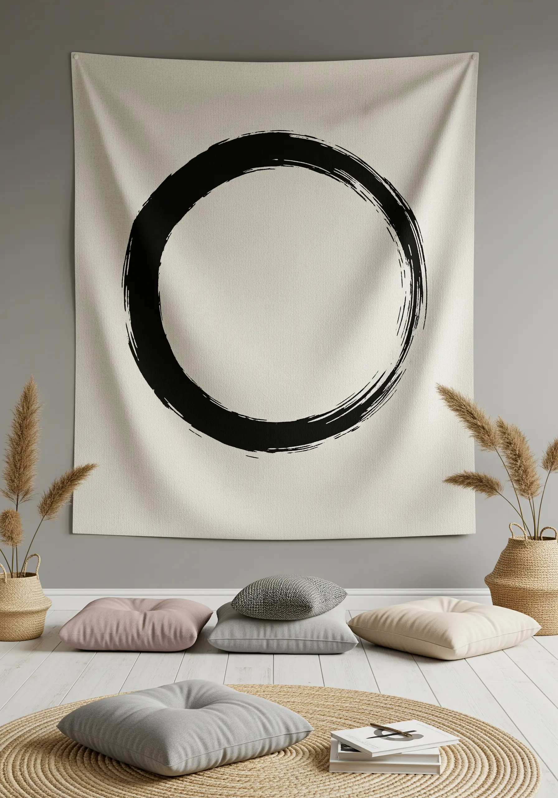 A large tapestry on natural canvas with a single, expressive black embroidered Enso circle.
