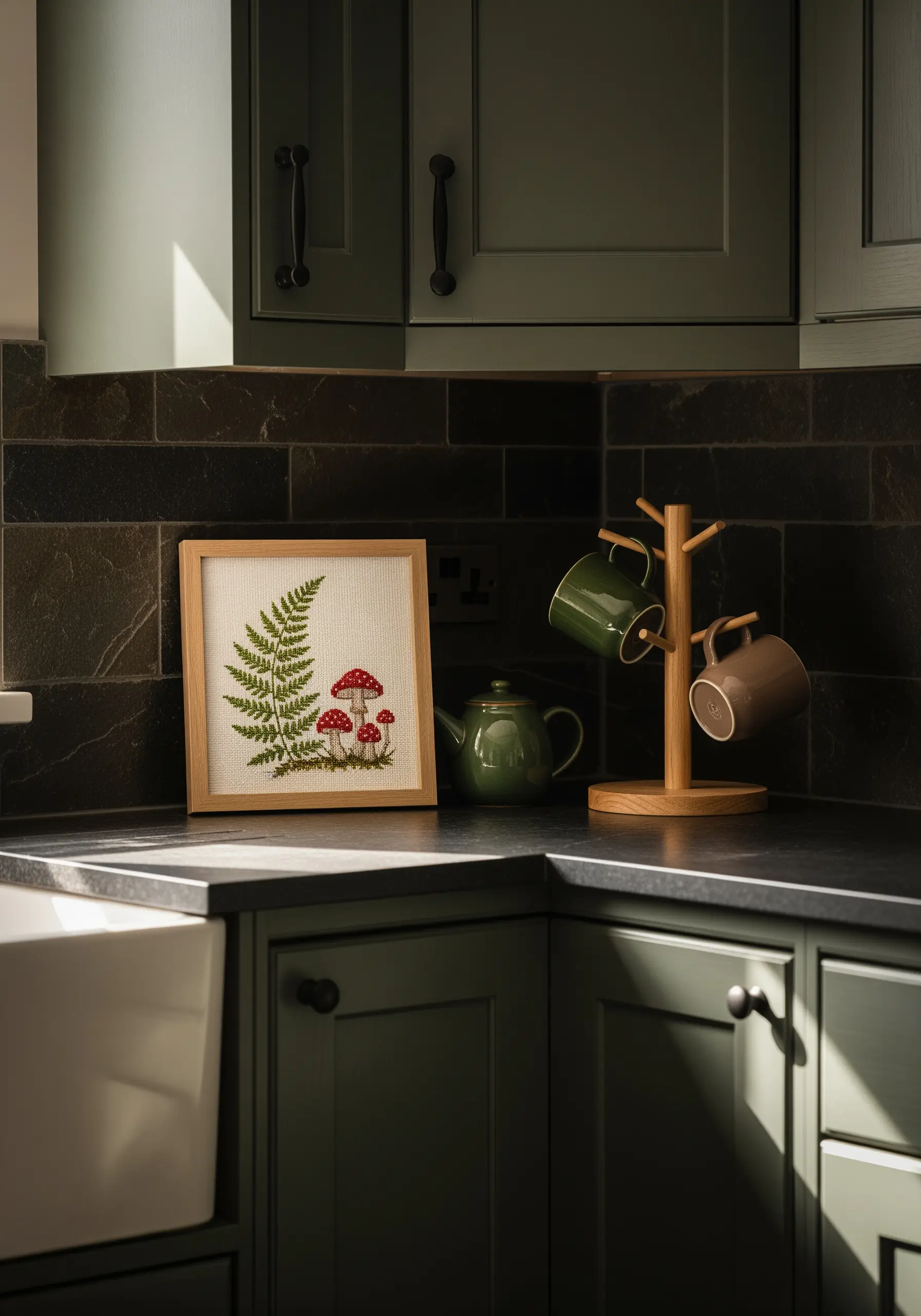 Framed embroidery of a fern and red toadstools in a dark green and slate kitchen.