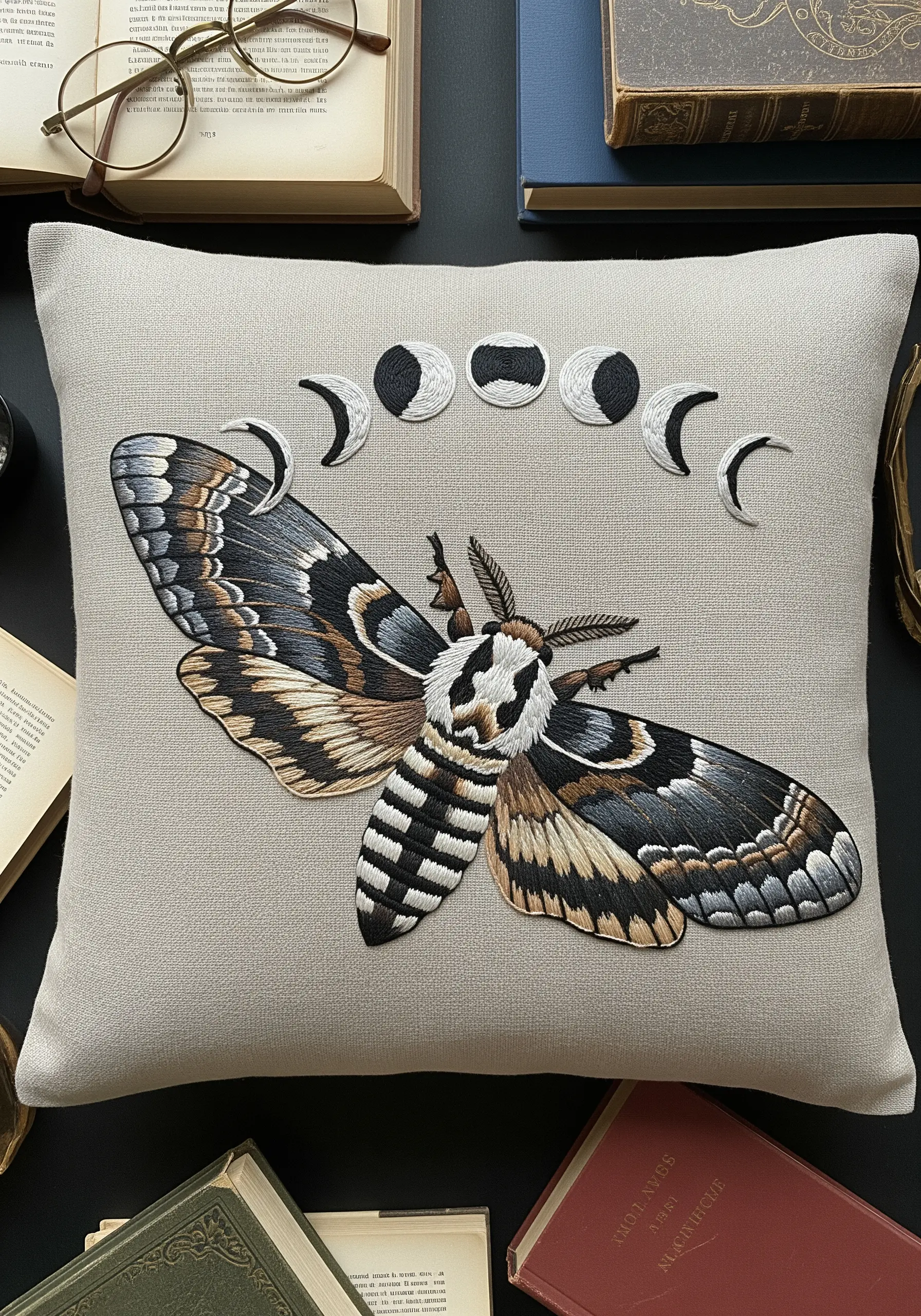 A large, detailed moth embroidered on a neutral linen cushion with moon phases above it.