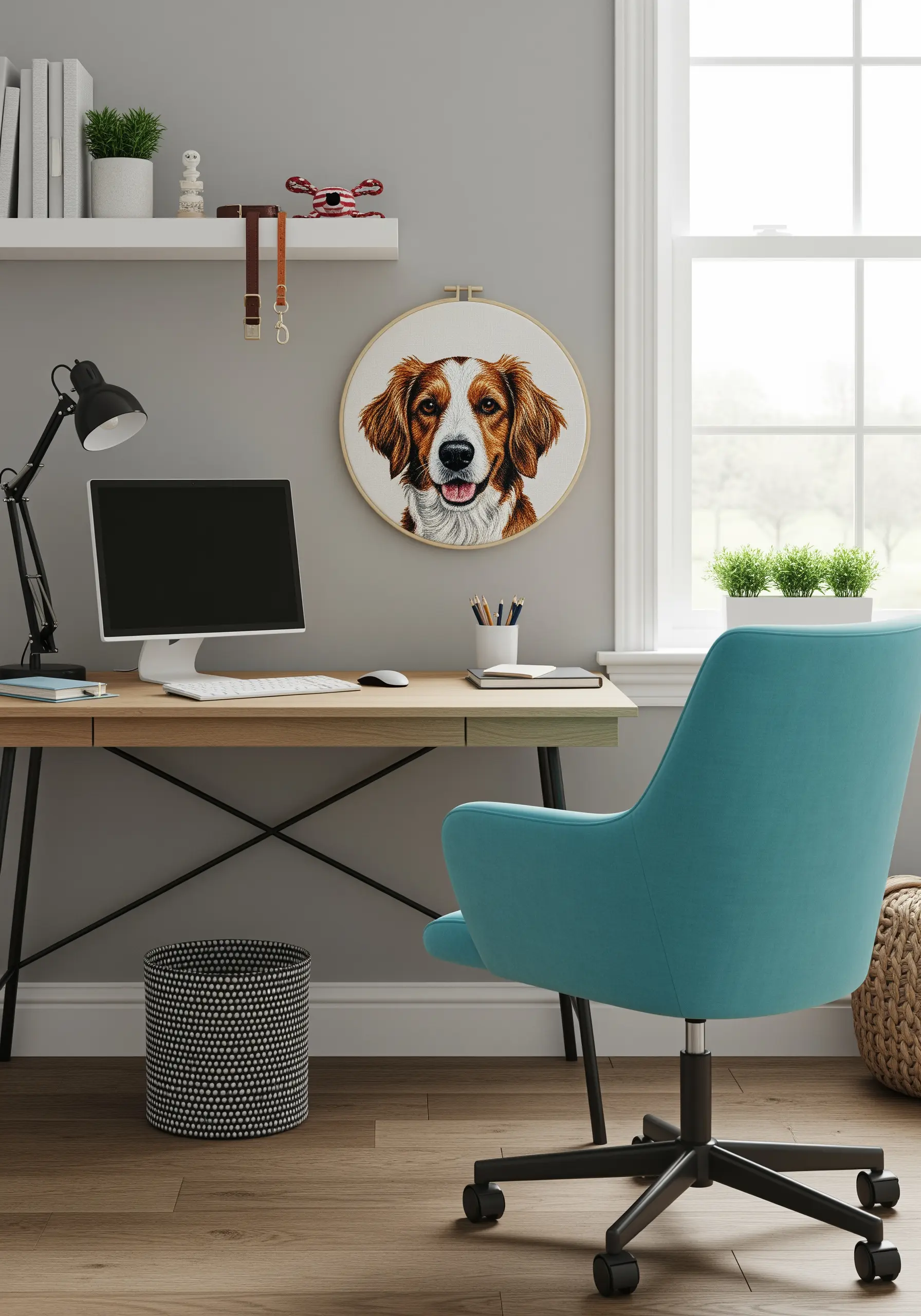 A realistic thread-painted portrait of a dog in an embroidery hoop.