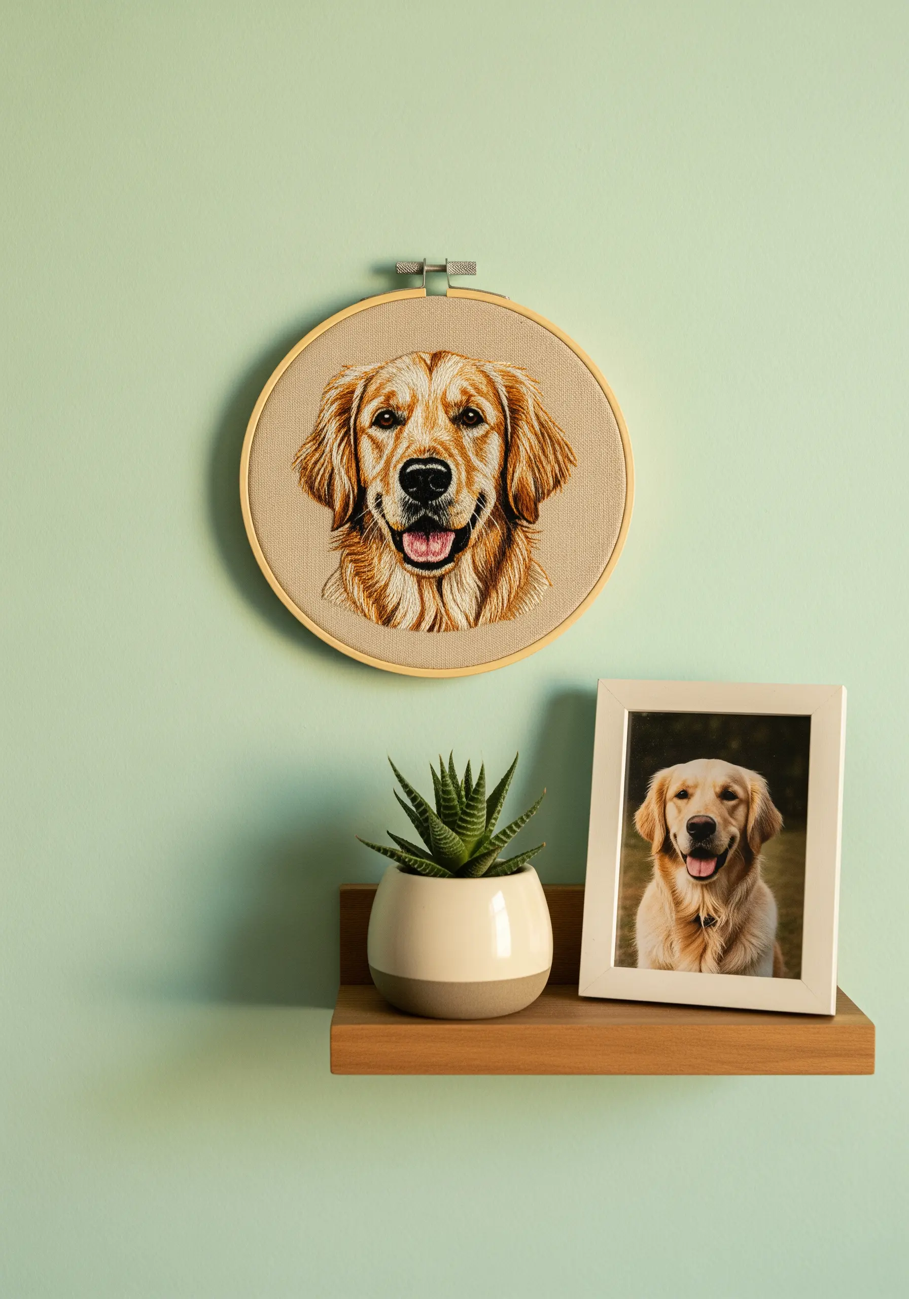 A realistic thread-painted portrait of a golden retriever in an embroidery hoop on a wall.