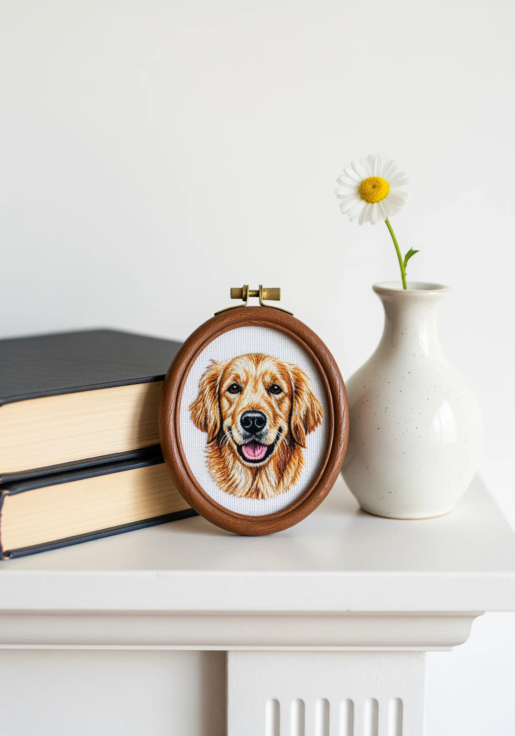 A realistic thread-painted portrait of a golden retriever in a small wooden hoop