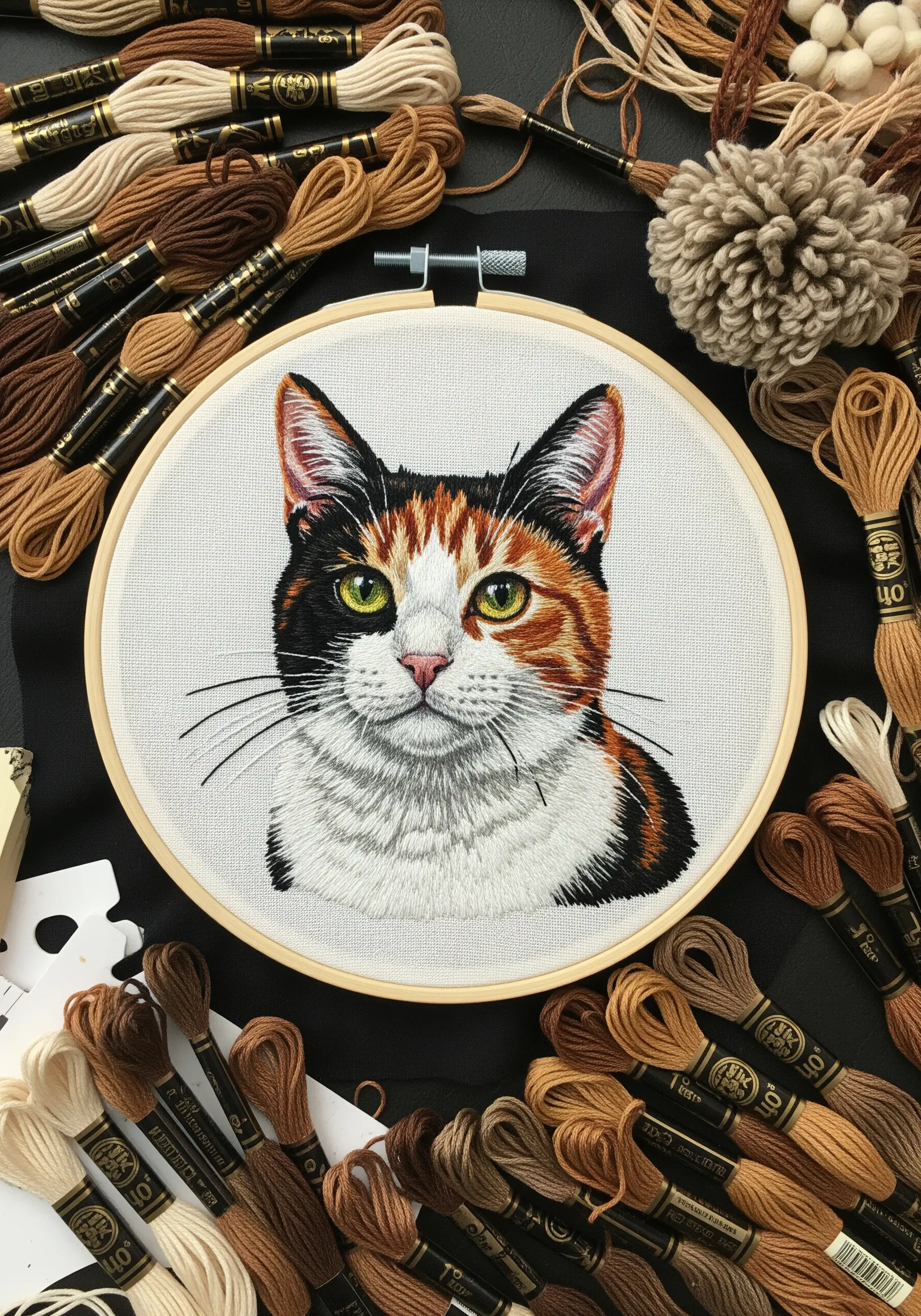 A highly detailed, thread-painted portrait of a calico cat in an embroidery hoop