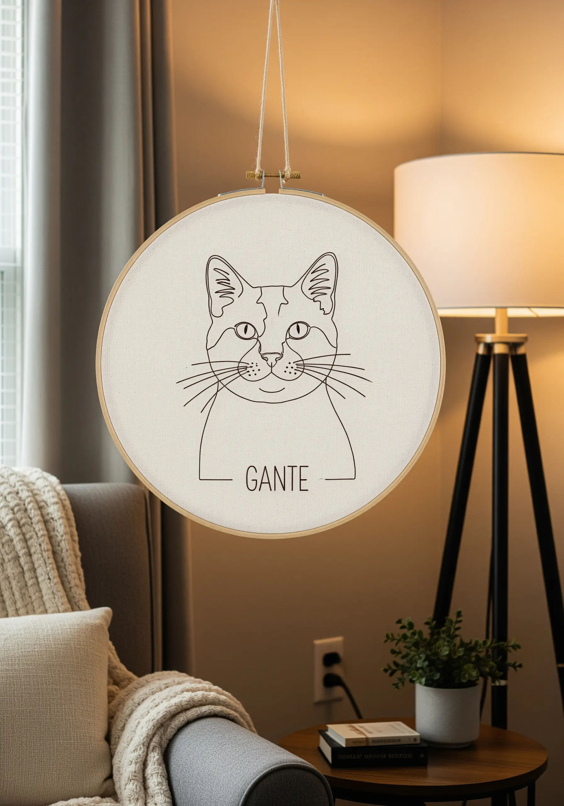 A minimal line art portrait of a cat stitched in black thread with its name underneath.