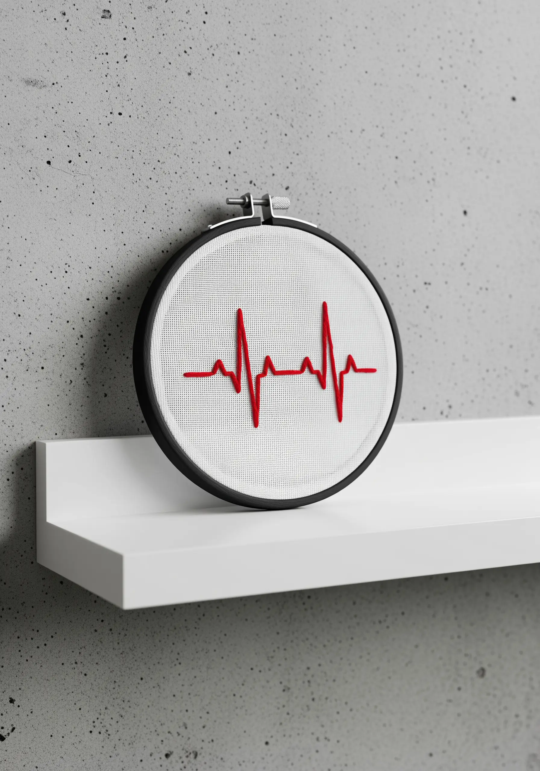 Minimalist embroidery of a red heartbeat line on white mesh fabric.