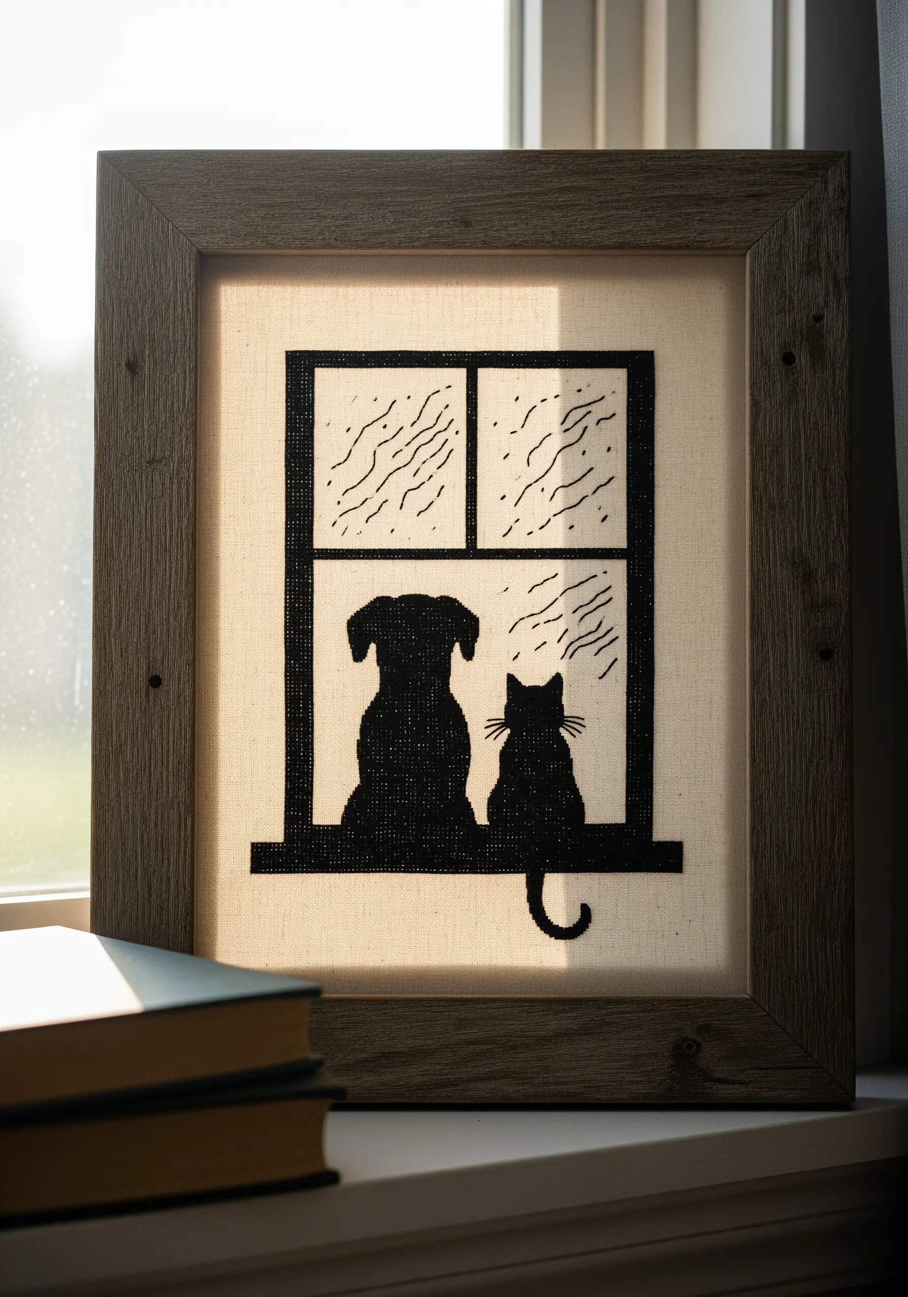 Black silhouette embroidery of a dog and cat looking out a window, framed.