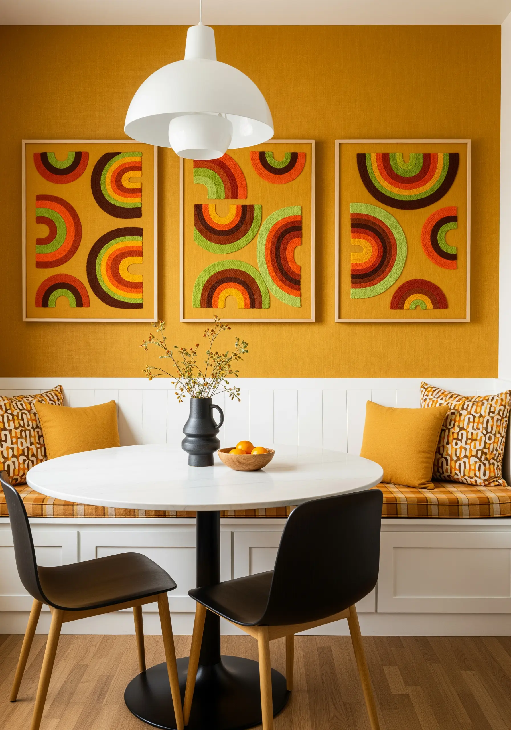 A triptych of framed embroidery with 70s-style geometric rainbow arcs in warm, retro colors