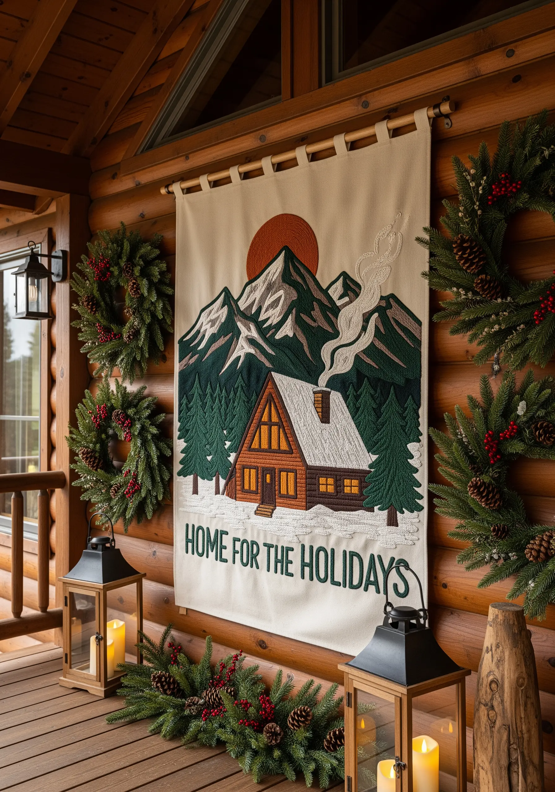 A rustic wall hanging of a log cabin in the mountains with 'Home for the Holidays' text.