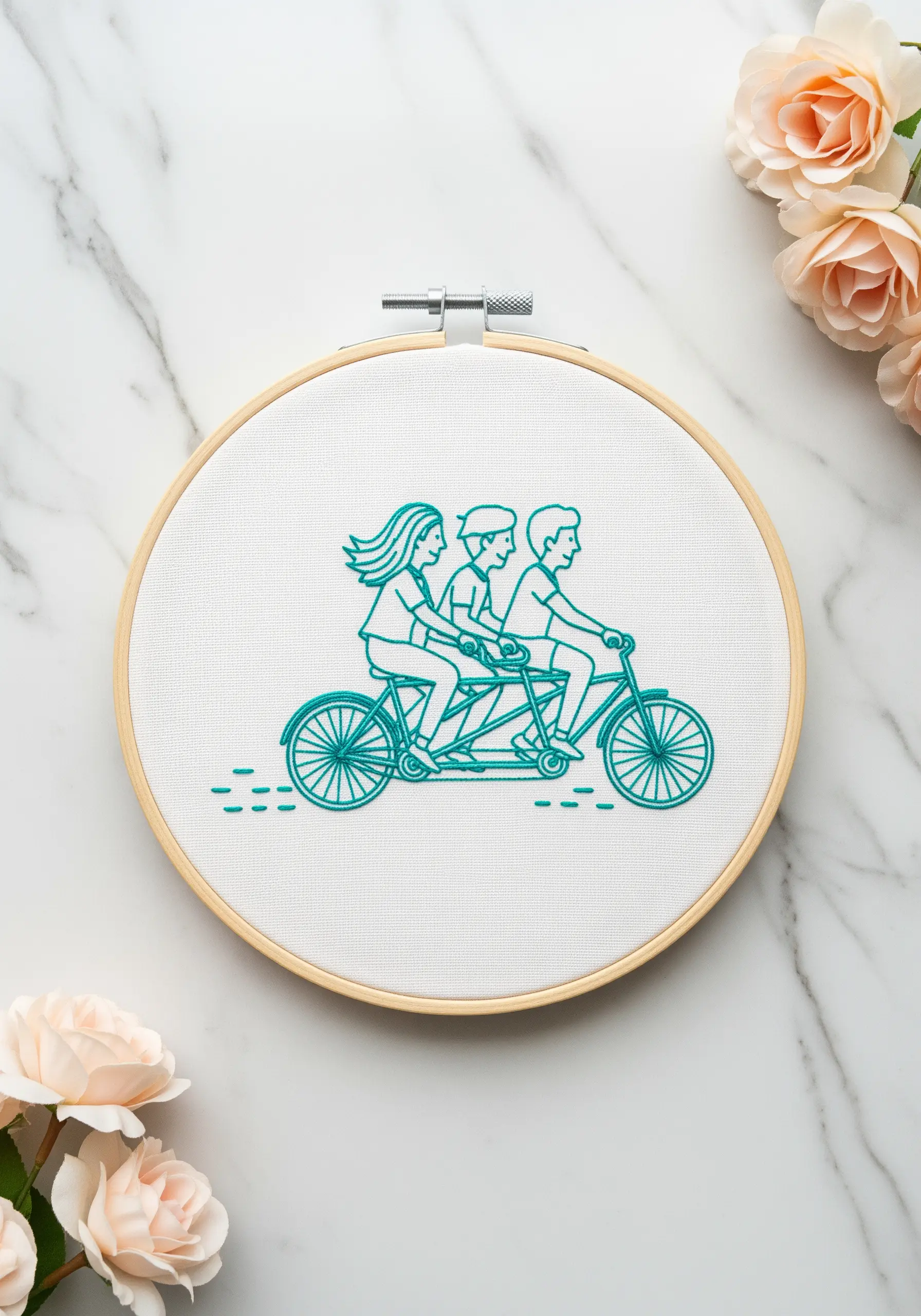 Bright teal line art embroidery of three people riding a tandem bicycle.