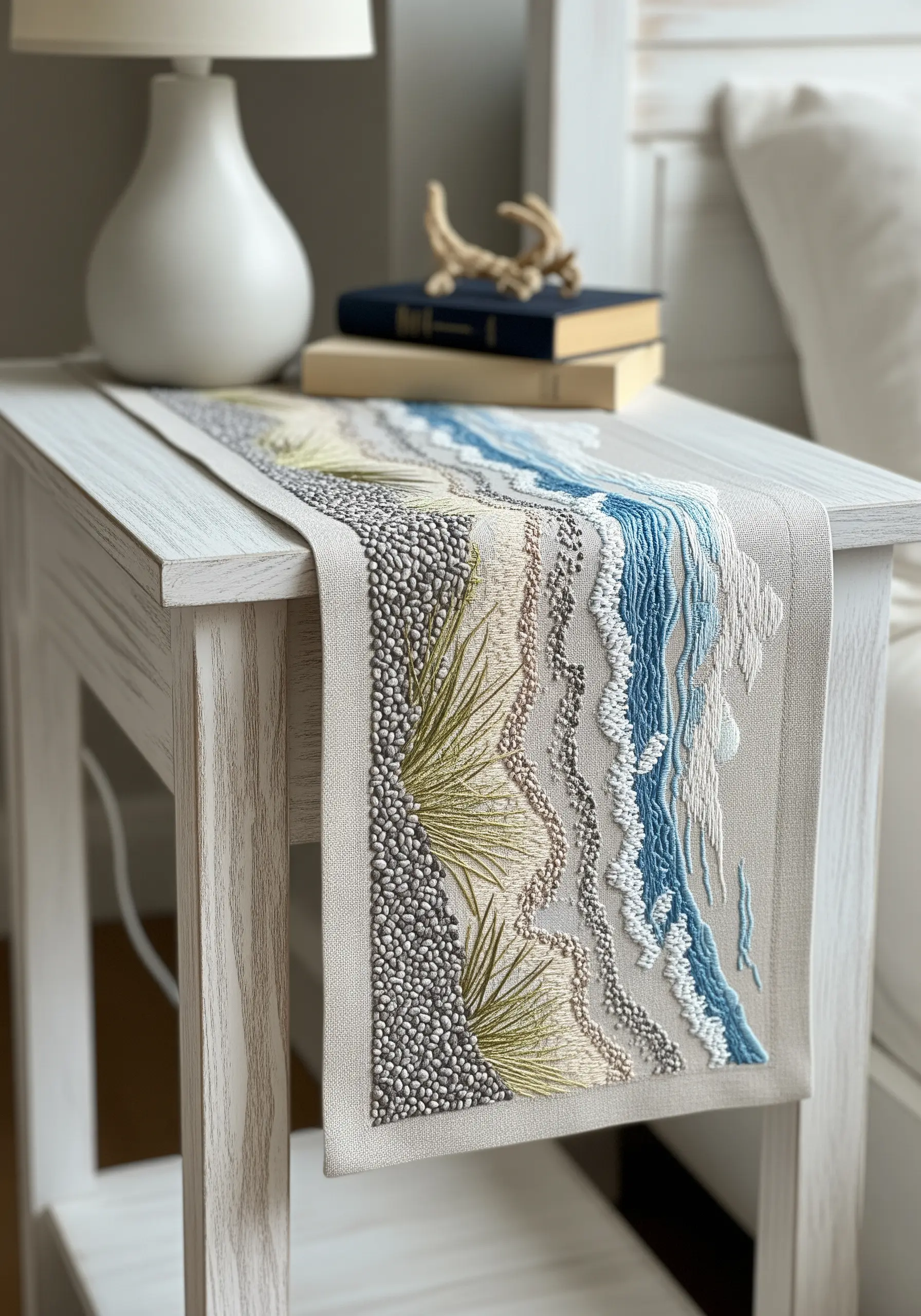 A linen table runner with a highly textured embroidered scene of a shoreline.