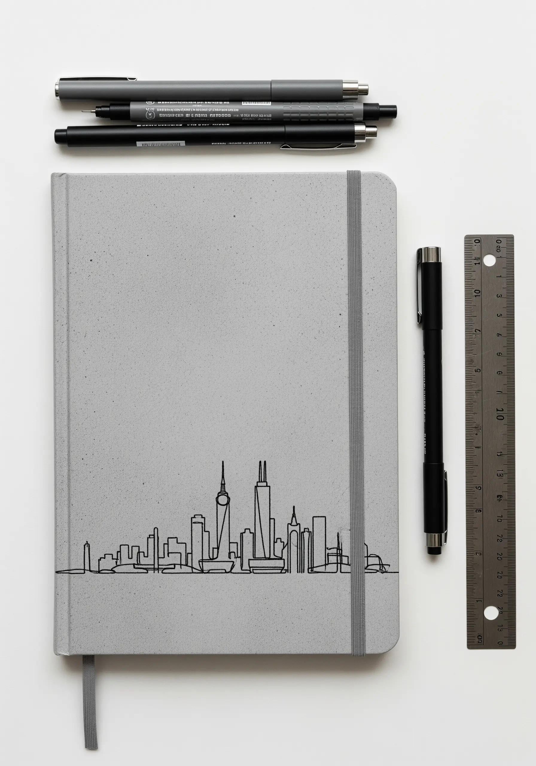 A minimalist, single-line embroidery of the Chicago skyline on a gray journal cover.