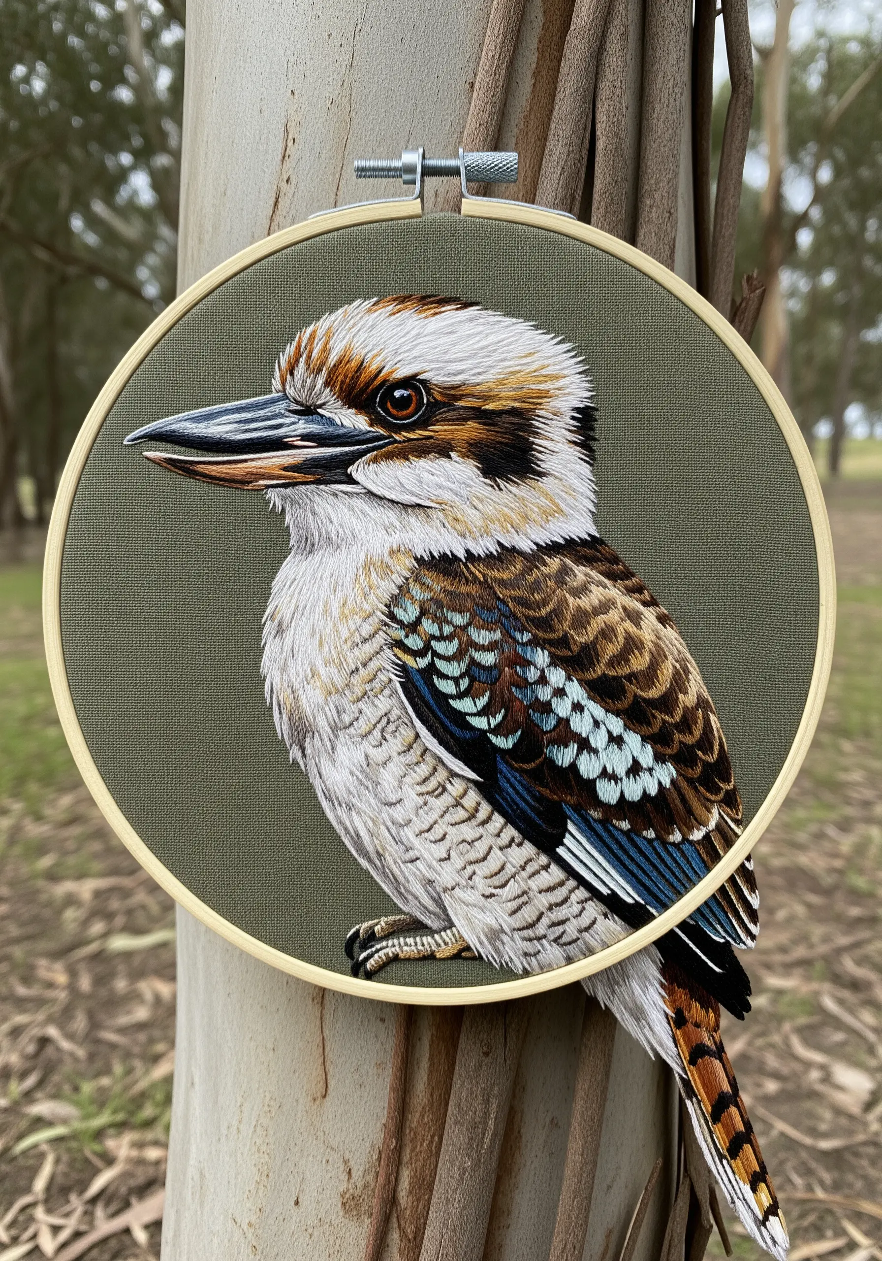 A realistic kookaburra embroidery with soft, detailed feathers around the eye.